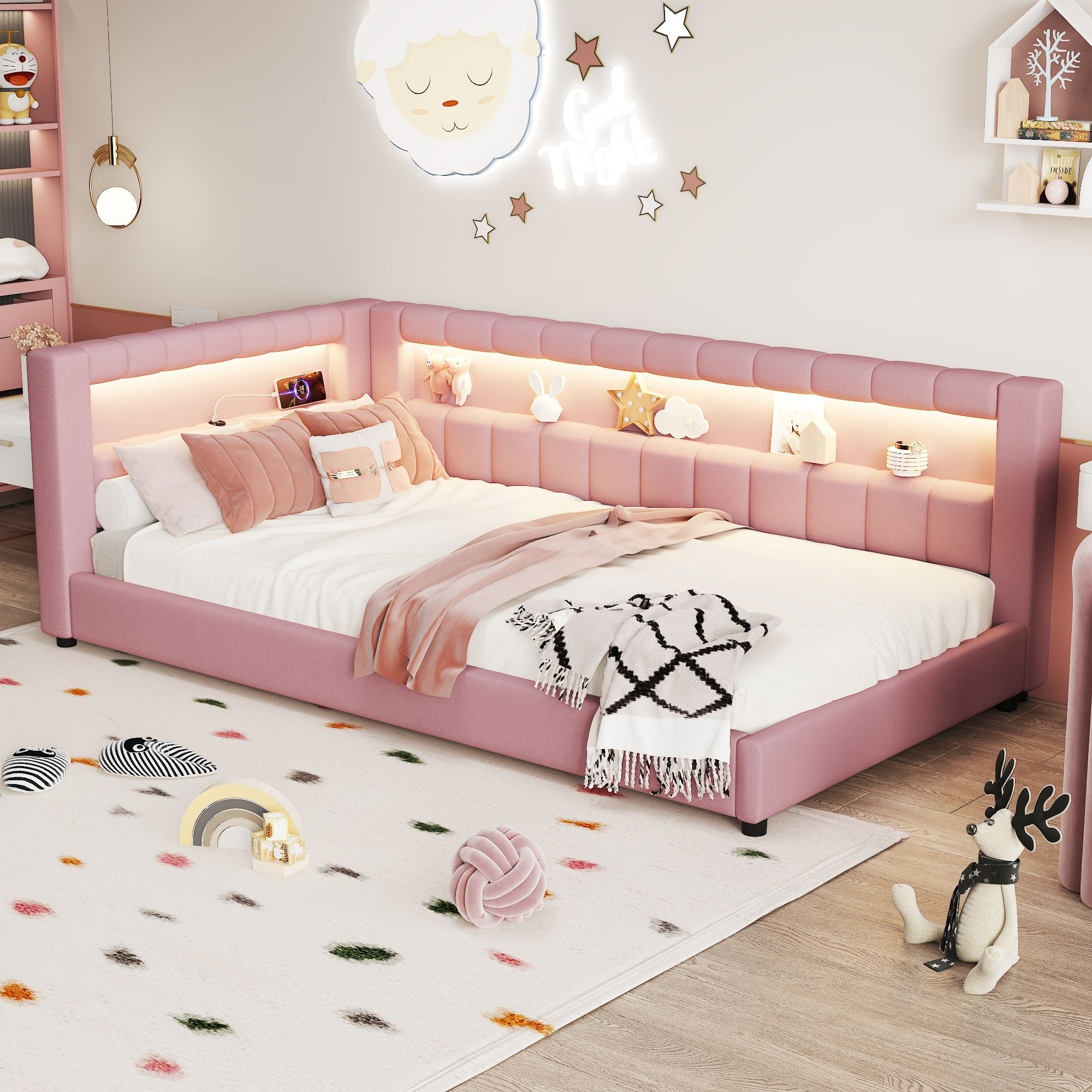 Upholstered Platform Bed With LED Belt And USB Ports