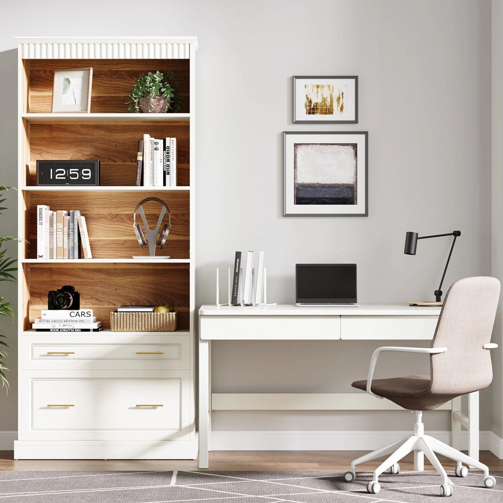 5 Tier White Bookcase With 2 Drawers Storage Organizer For Living Room - White
