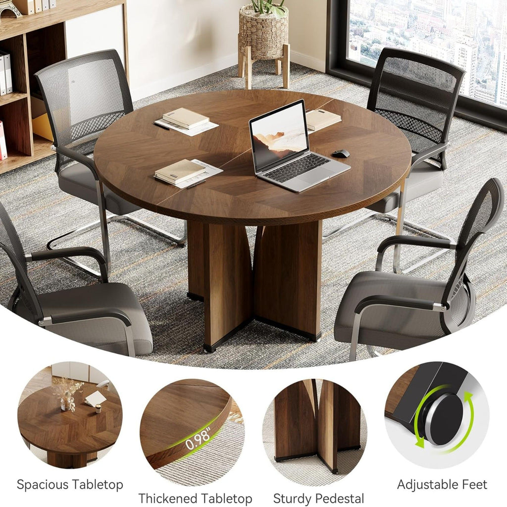 Round Conference Table With X Base - Dark Brown