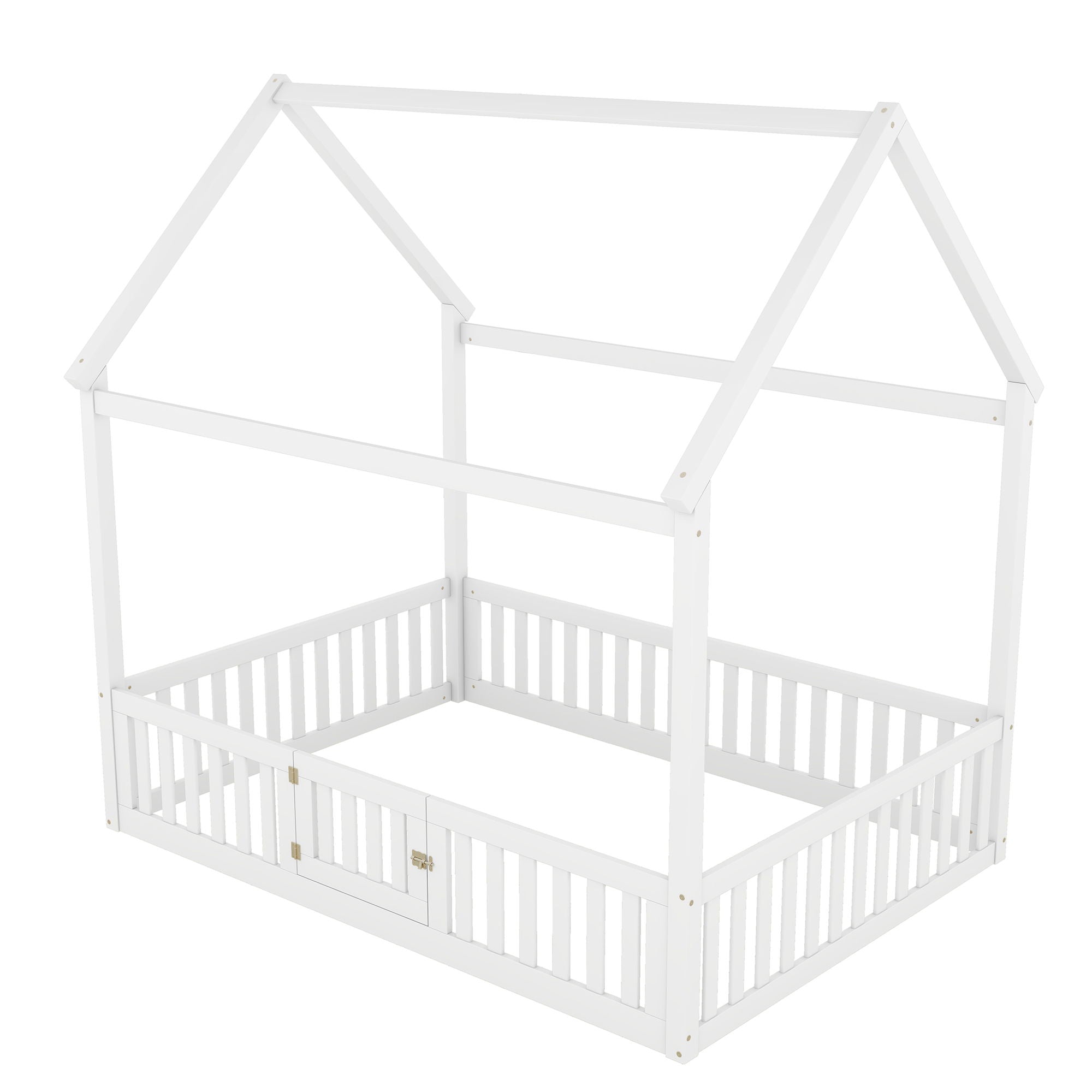 Wood House Bed With Fence And Door