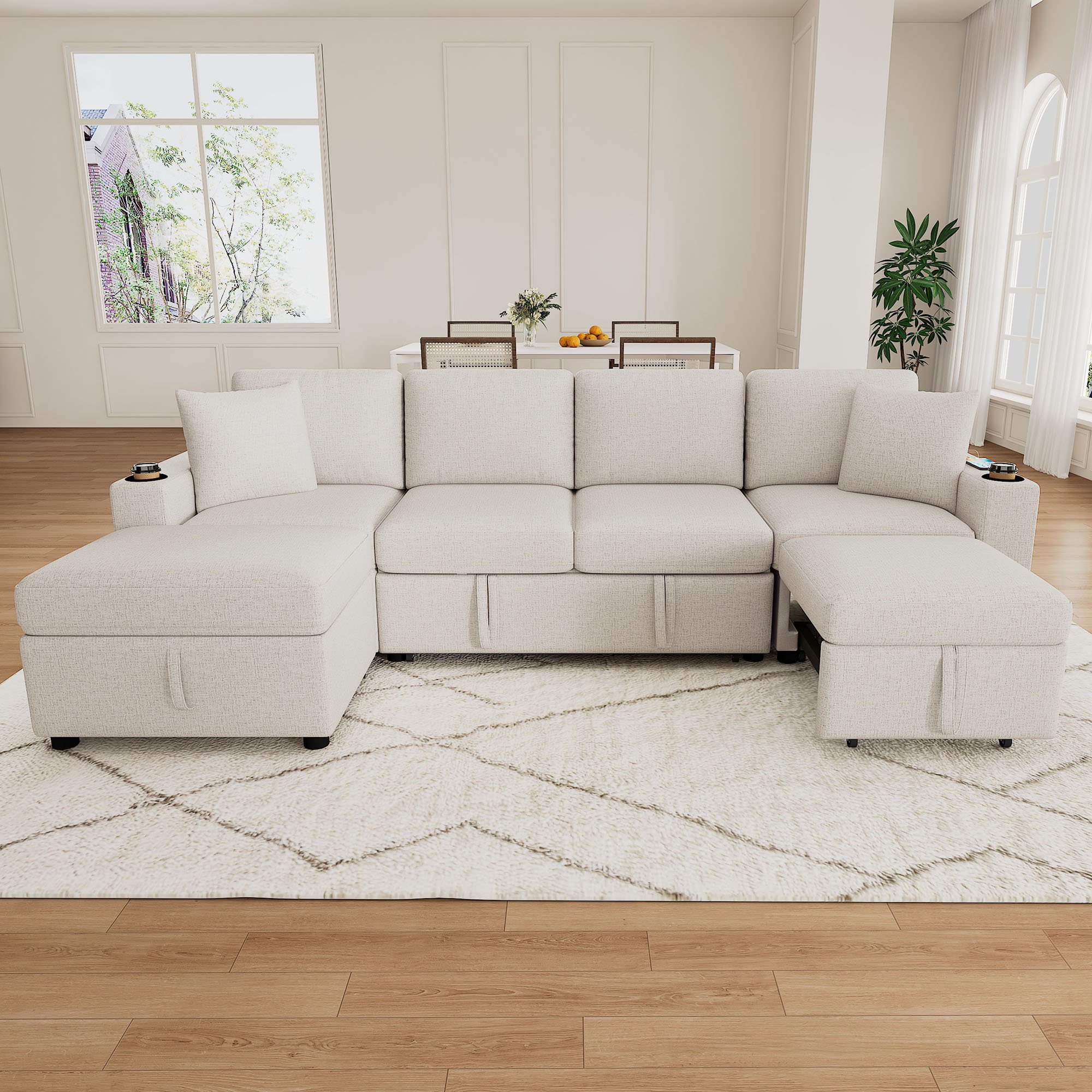 Sectional Sofa Convertible Pull-Out Bed With Storage Ottoman & USB Ports