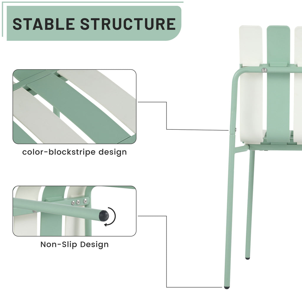 4 Piece Set Of Striped Color Blocking Single Chairs With Long Table - Cream White / Haze Green / White