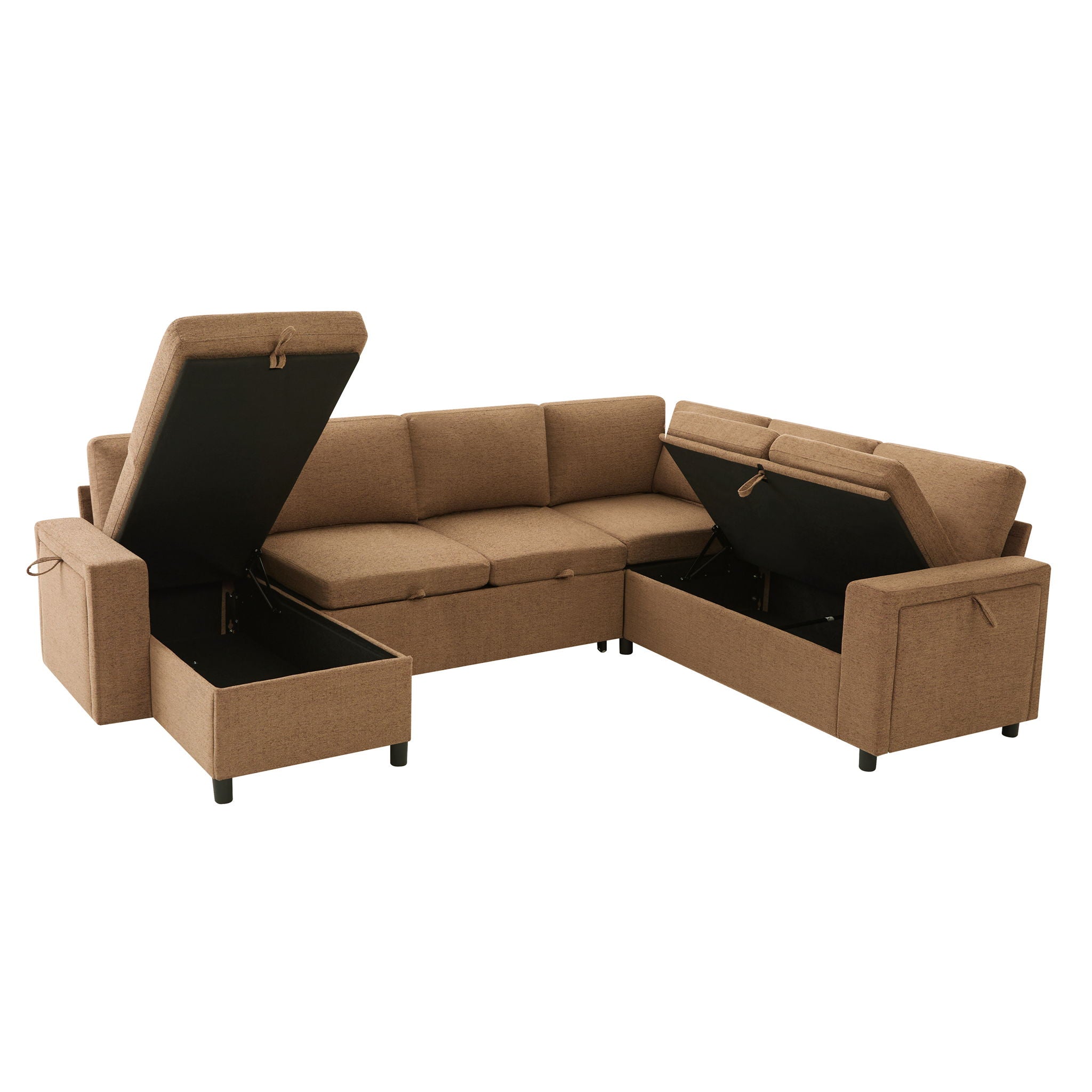 U - Shaped Convertible Sectional Sofa Bed With Storage, USB Charger & Cup Holders