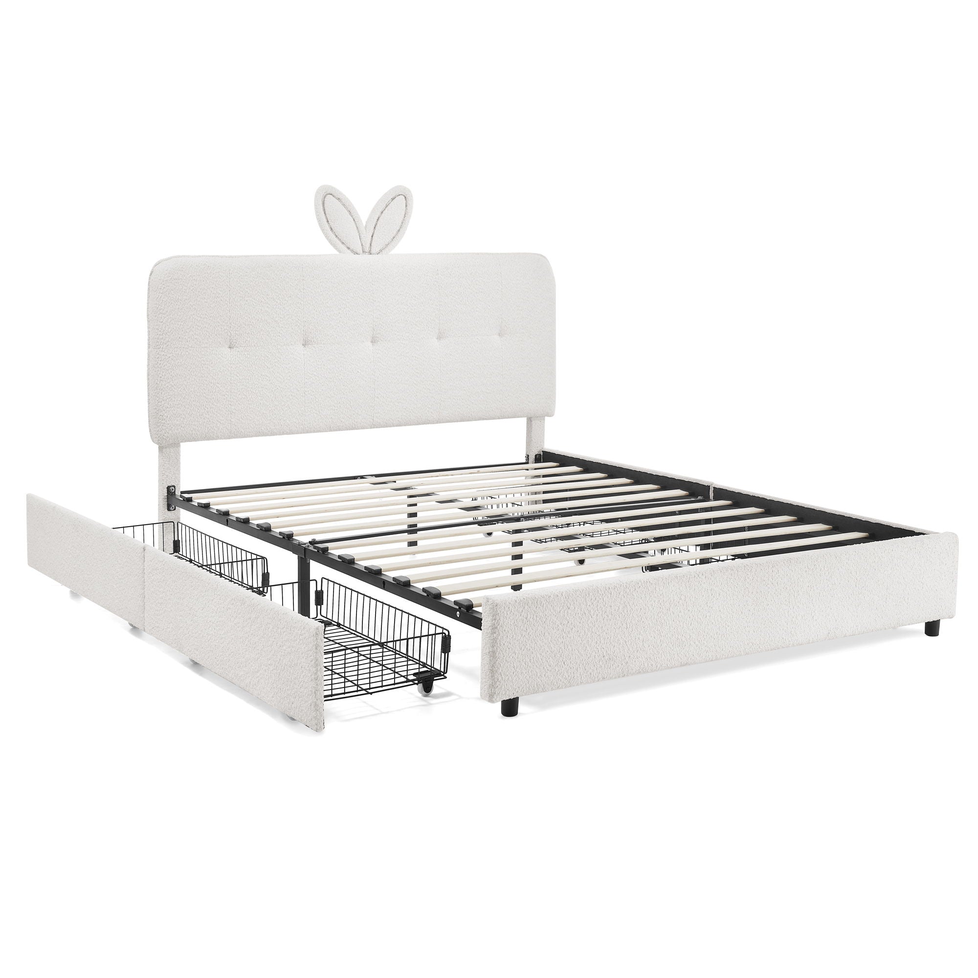 Upholstered Bed With Oversized Rabbit Ear Headboard, LED Lights & 4 Storage Drawers