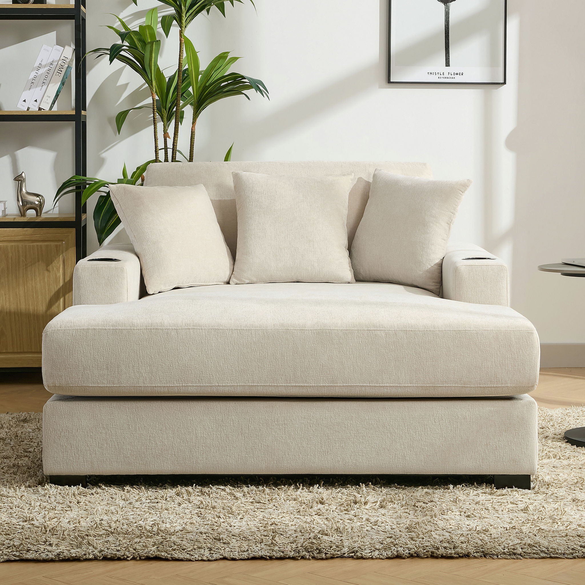 Oversized Chaise Lounger Modern Style Sofa Couch With Pillows, Charge Station & Cup Holders