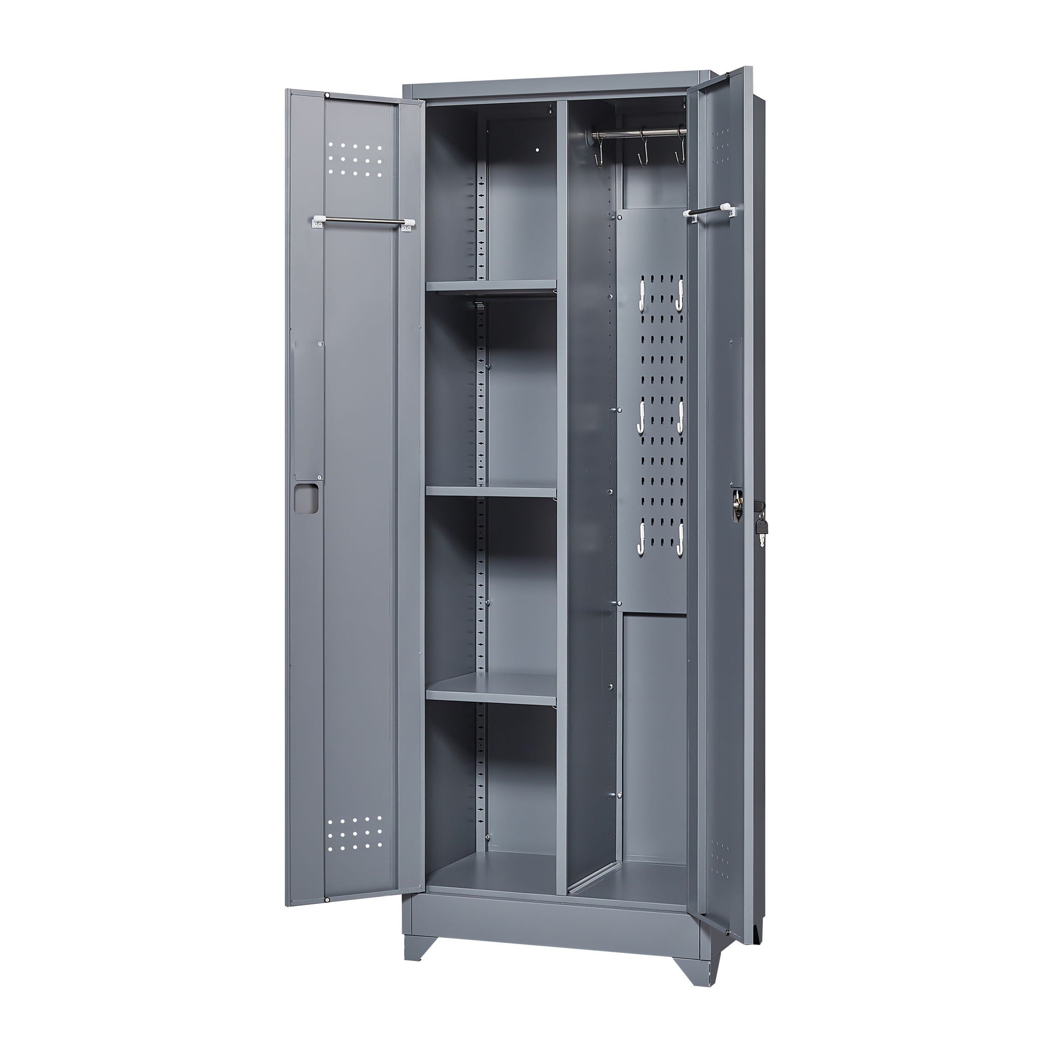 Heavy Duty Storage Cabinet With Locking Doors, Hanging Rod & Shelves, Broom Closet - Gray