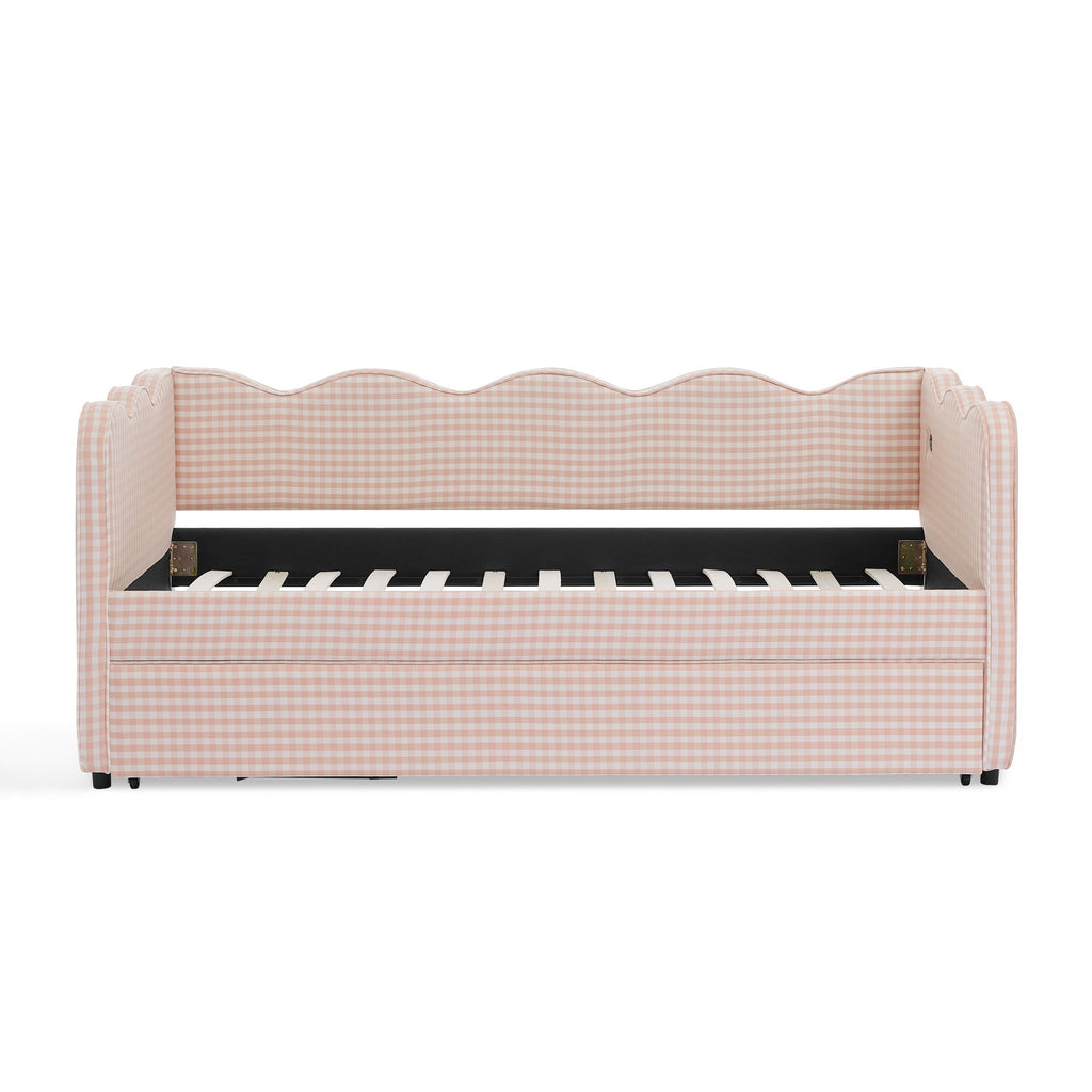 Gingham Daybed With USB Charging Port, Wave Shaped Design