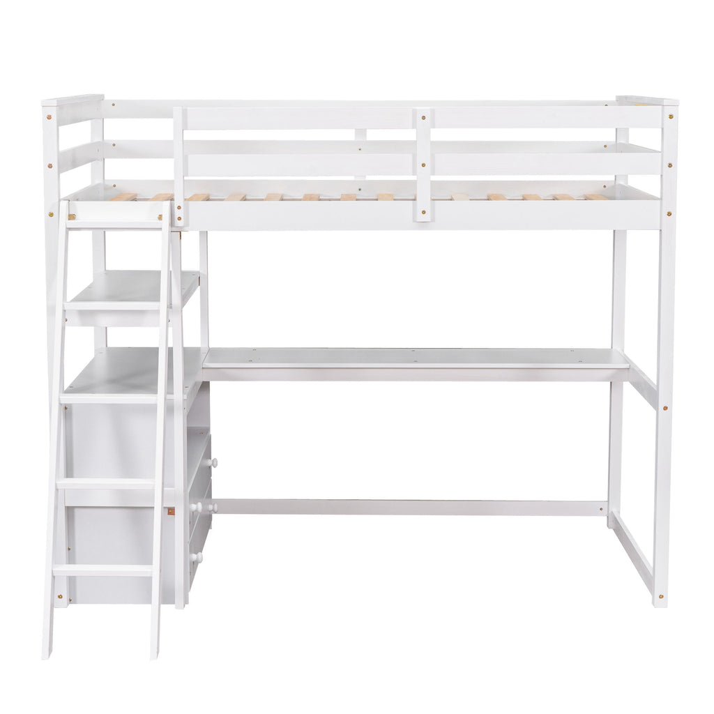 Modern Loft Bed With Built In Desk, Shelves, And 2 Drawers