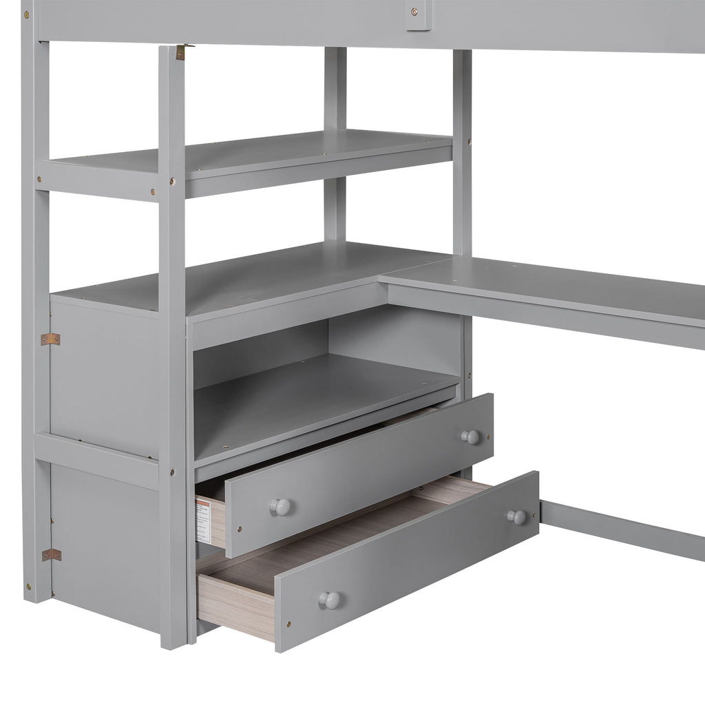 Loft Bed With Desk, Shelves, 2 Drawers, Storage Staircase