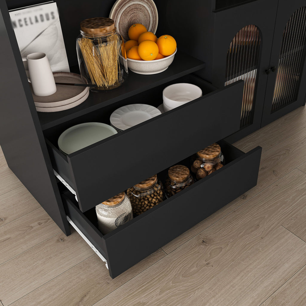 Retro Kitchen Island Set With Chairs, Extendable & Rotating Table, 4 Drawers & Door Cabinets
