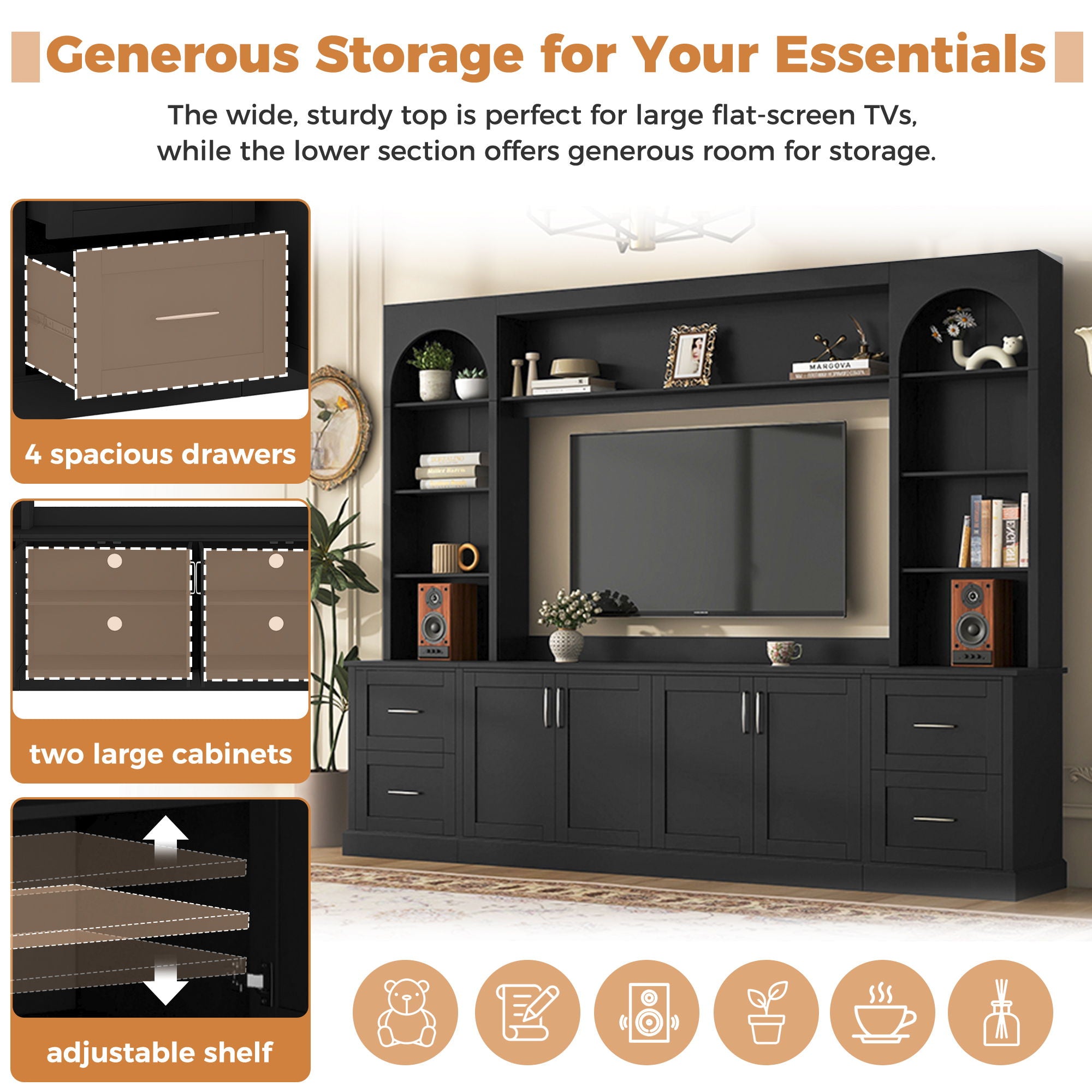 Arched Entertainment Center Wall Unit With Drawers, TV Stand