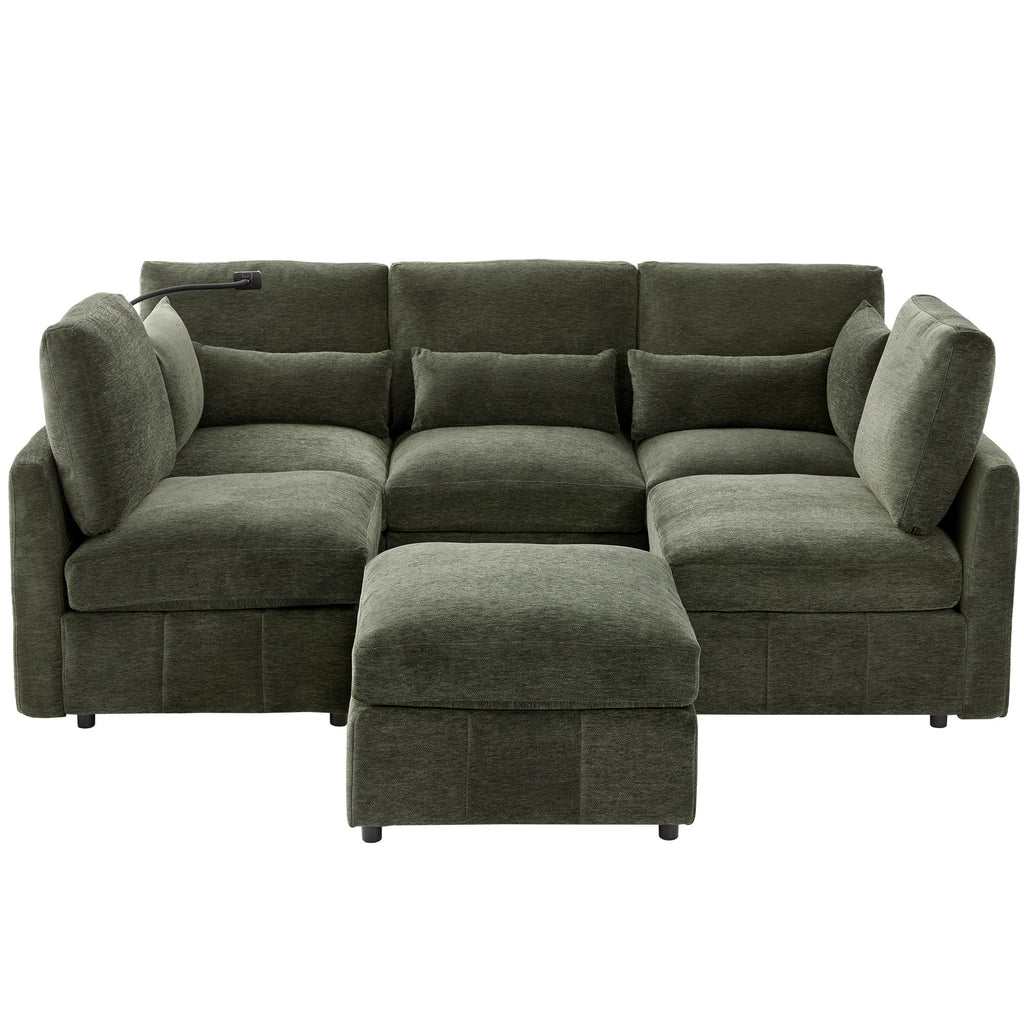 Modern Modular U-Shaped Sofa Bed With Movable Ottoman, USB Ports, Phone Holder