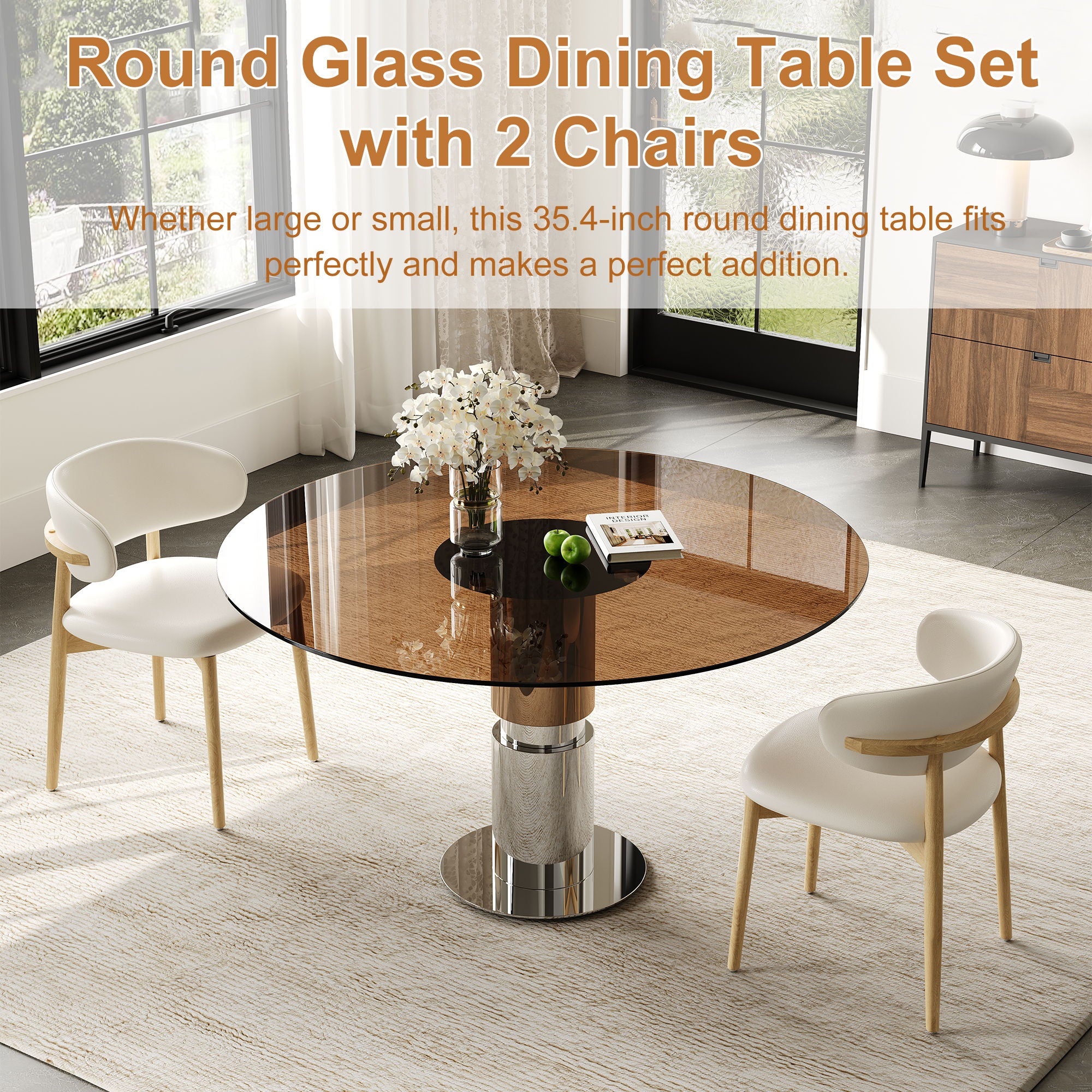 Round Dining Table & Tempered Glass Top - Brown