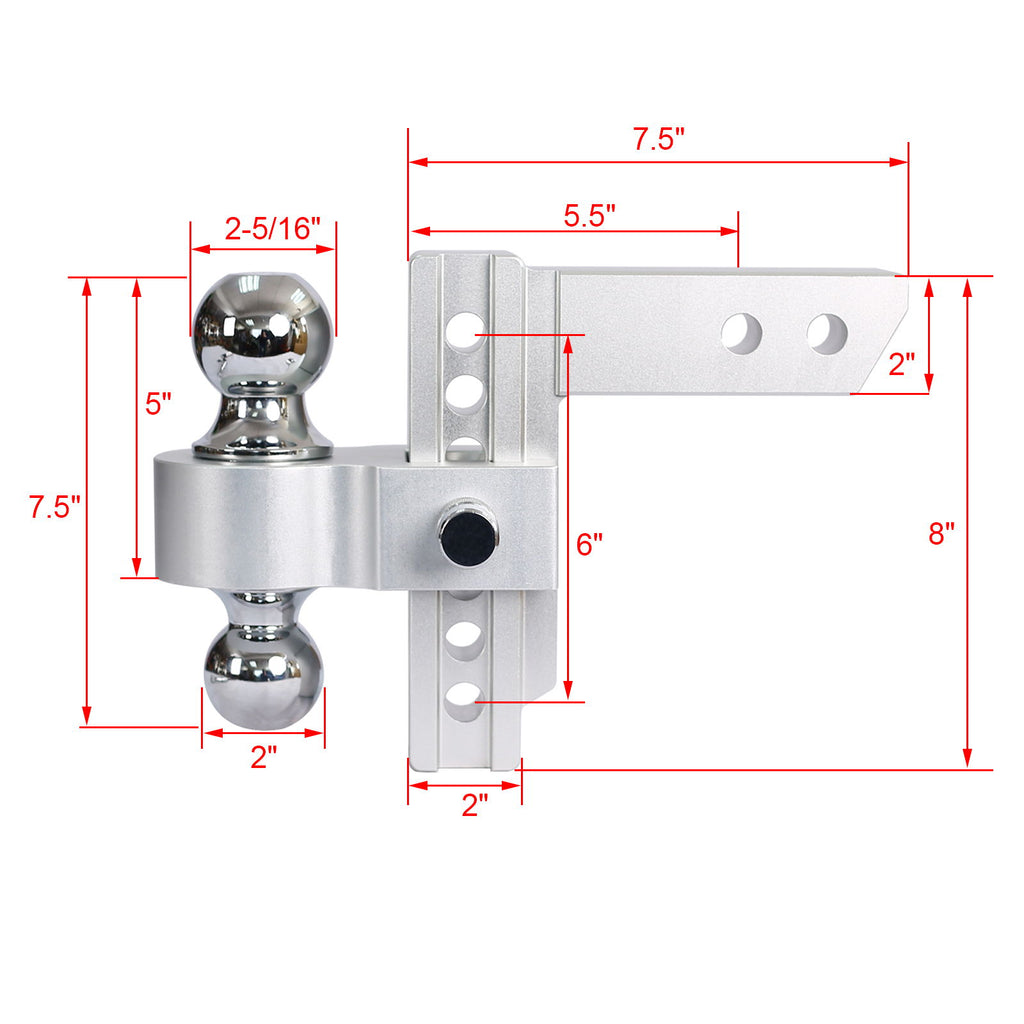 Alu - Adjustable Trailer Drop Hitch With 2" Receiver, 6" Adjustment - Silver