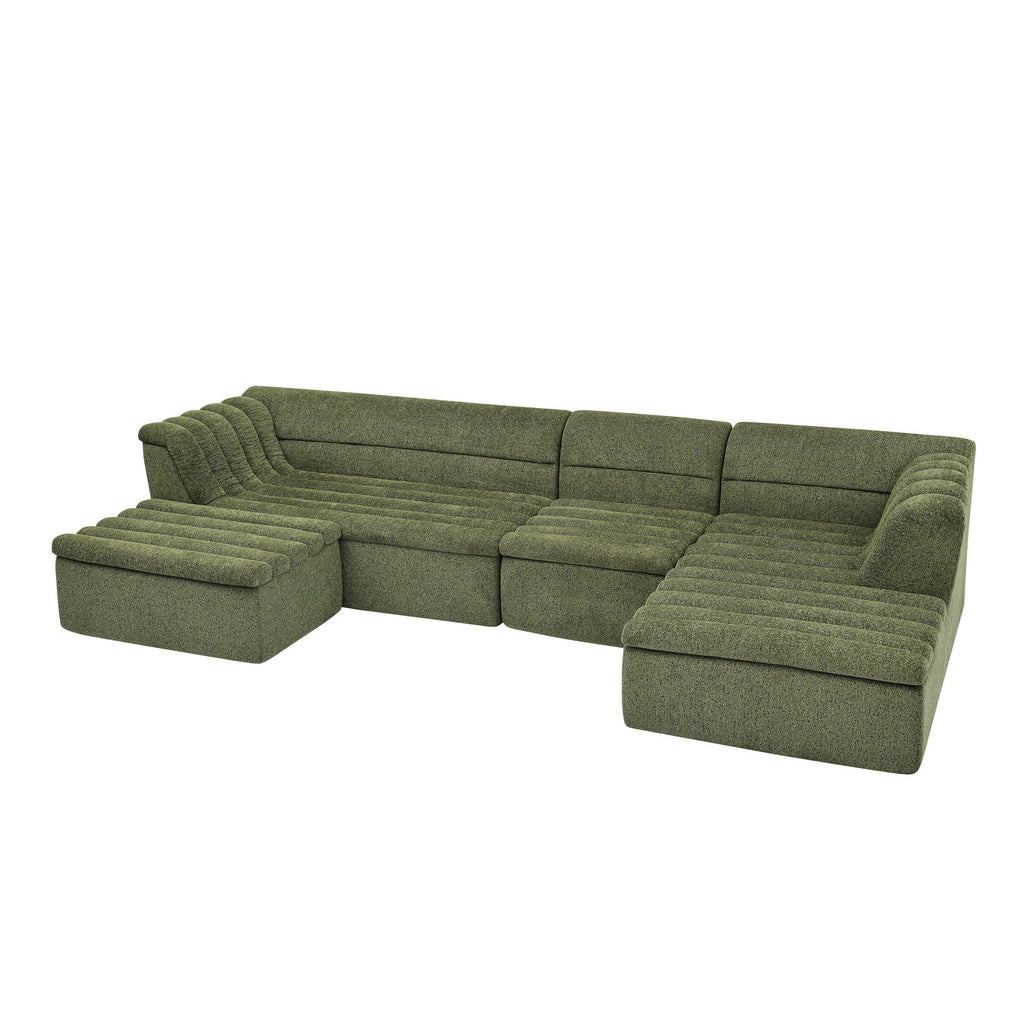 U-Shaped Modular Sectional Sofa With Chaise And Movable Ottoman With Wave-Shaped Armrest