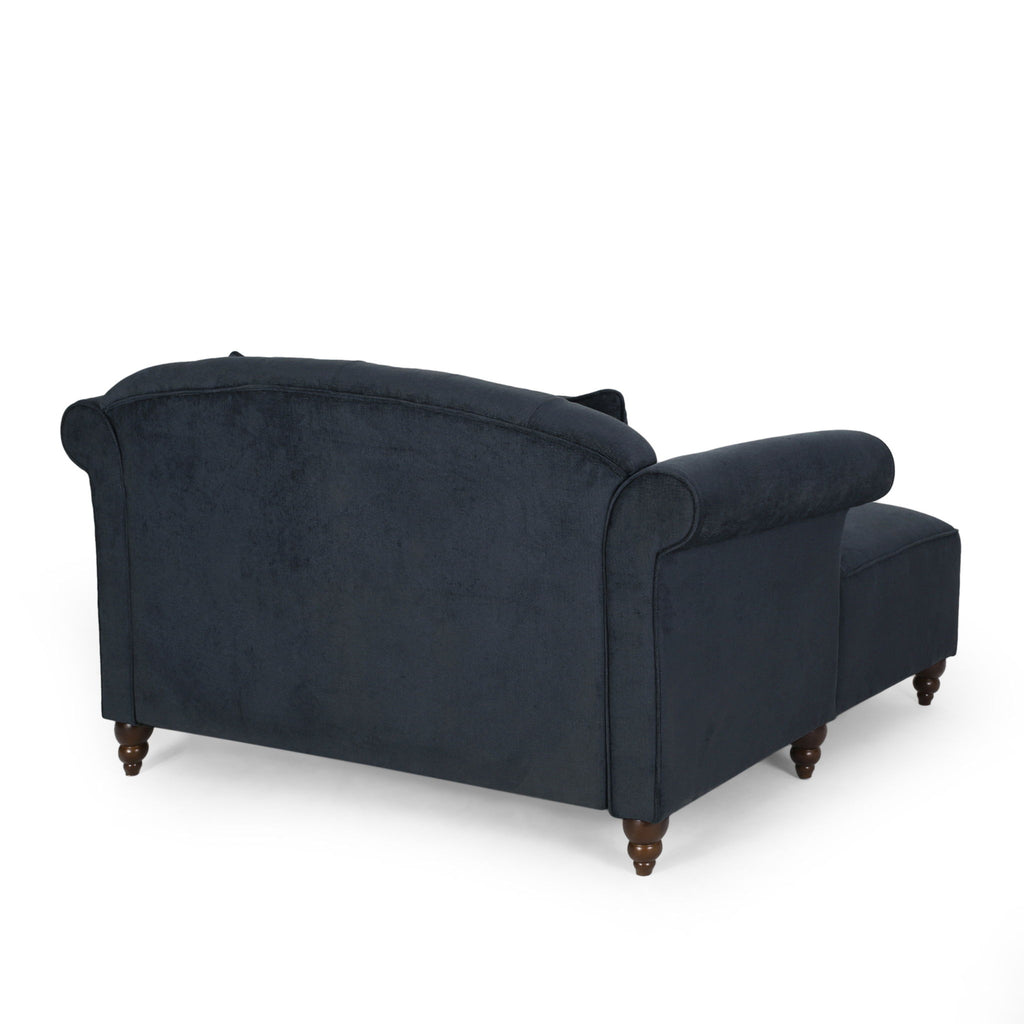 Upholstered Chaise Lounge With Scroll Arms, Turned Legs And 2 Pillows