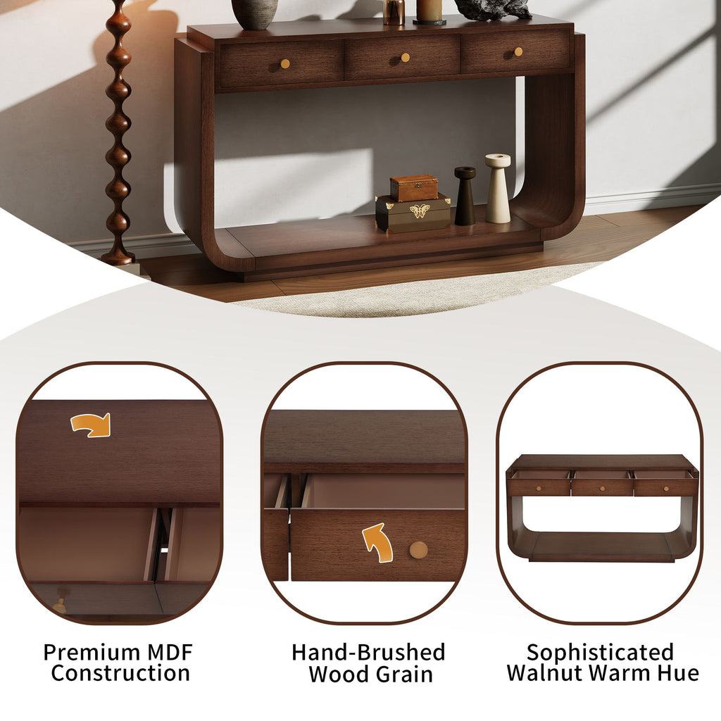 Console Table With 3 Drawers, Display Shelf, Curved Legs - Walnut