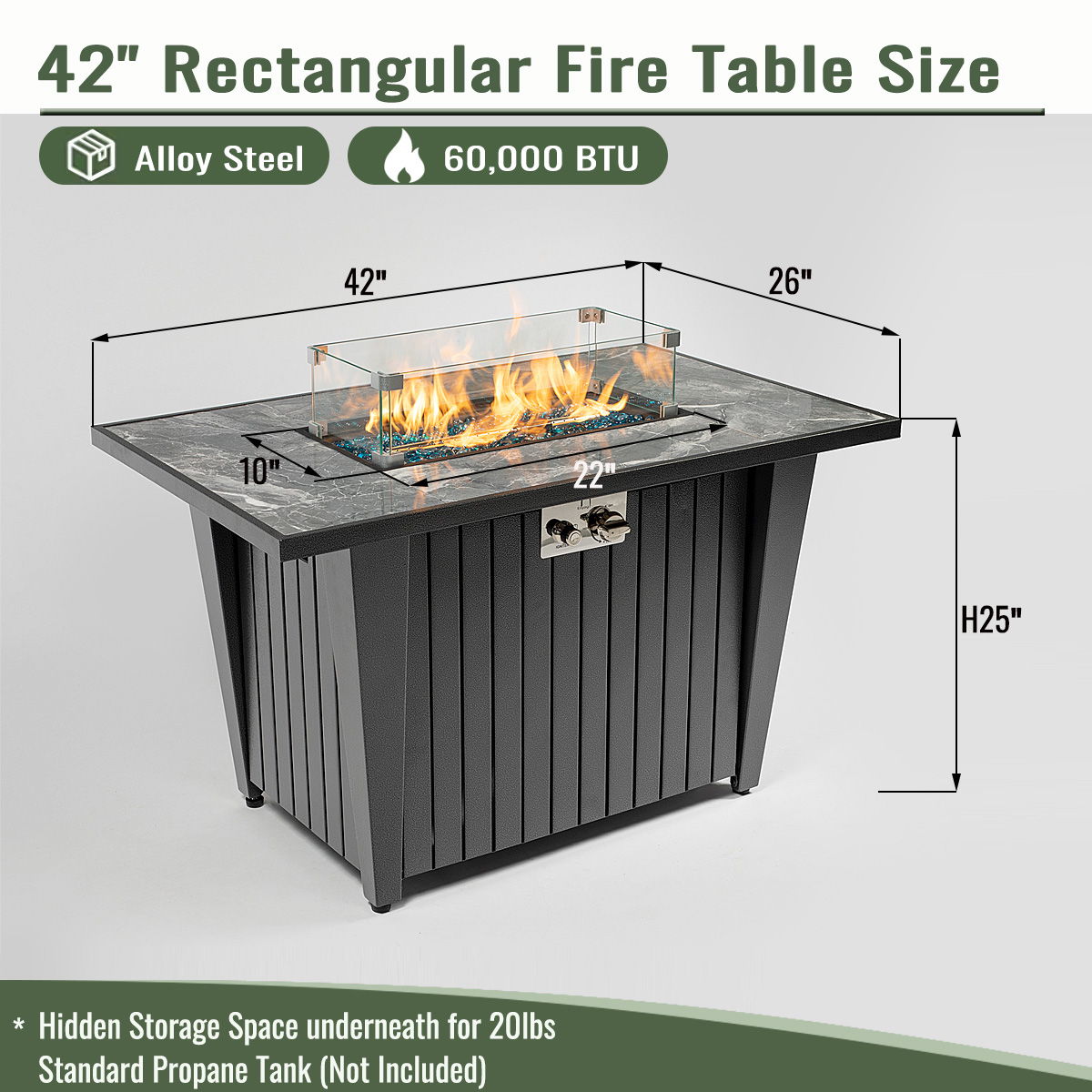 Morden Steel Fire Pit Table With Marble Tile Tabletop, Glass Wind Guard And Lid