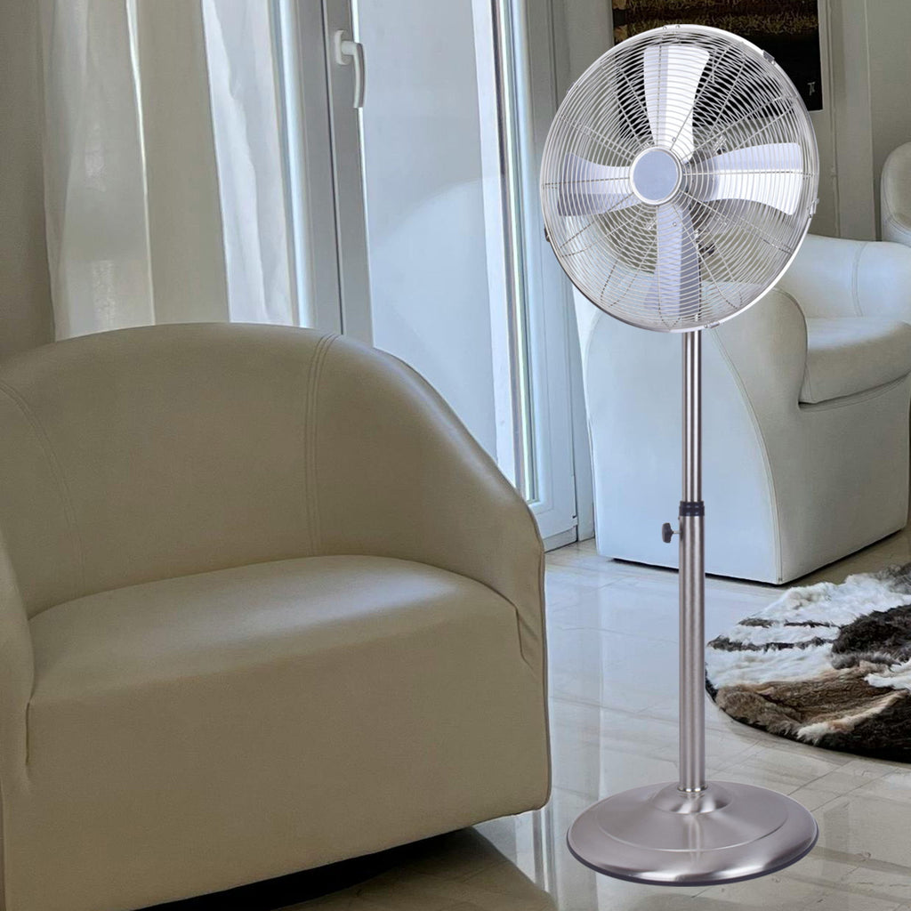 Stand Fan, 4 Blades, Rotary Knob Switch, Oscillation Function, Tilting Angle - Chrome