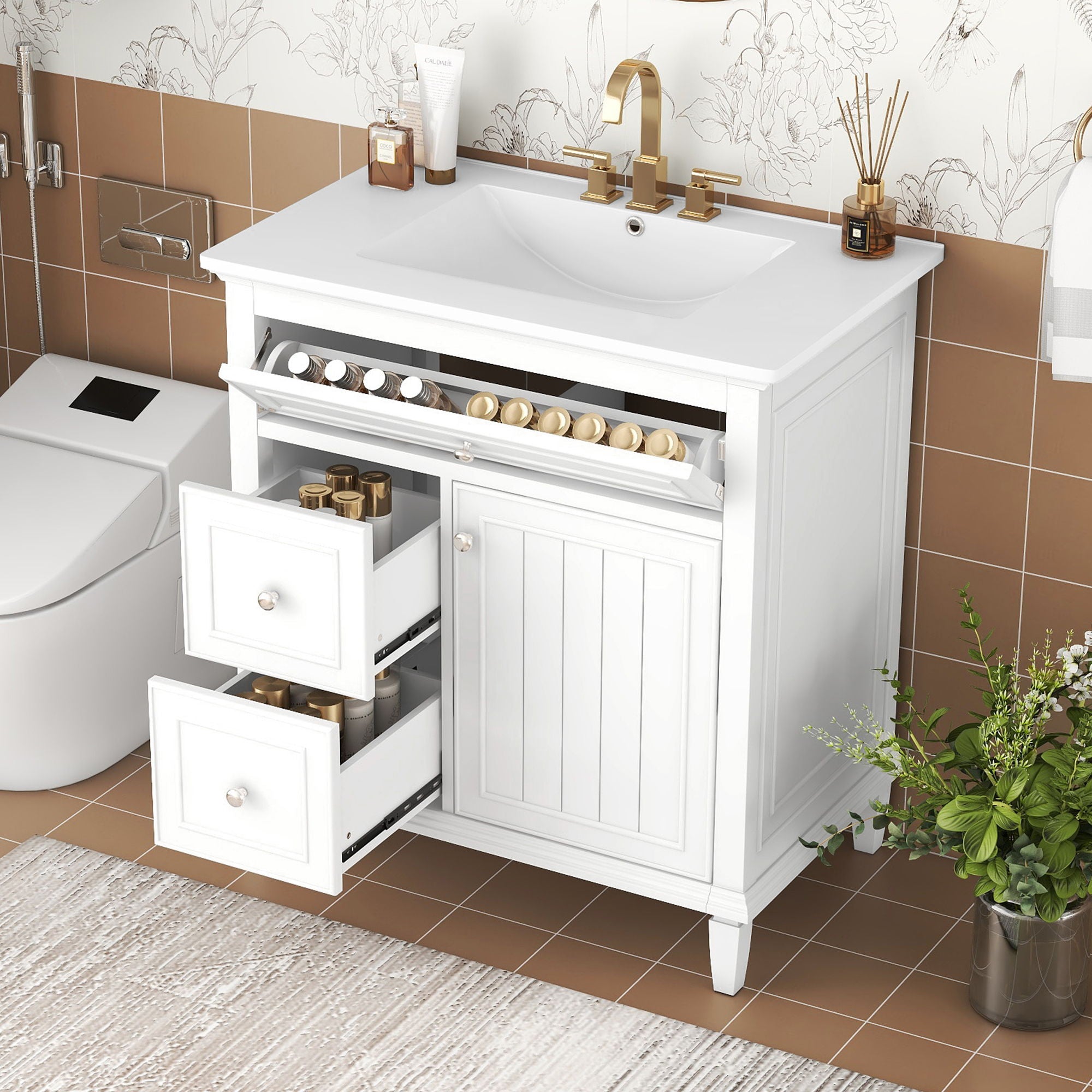 Modern Bathroom Vanity With Sink, Adjustable Shelf, Flip Drawer & 2 Drawers