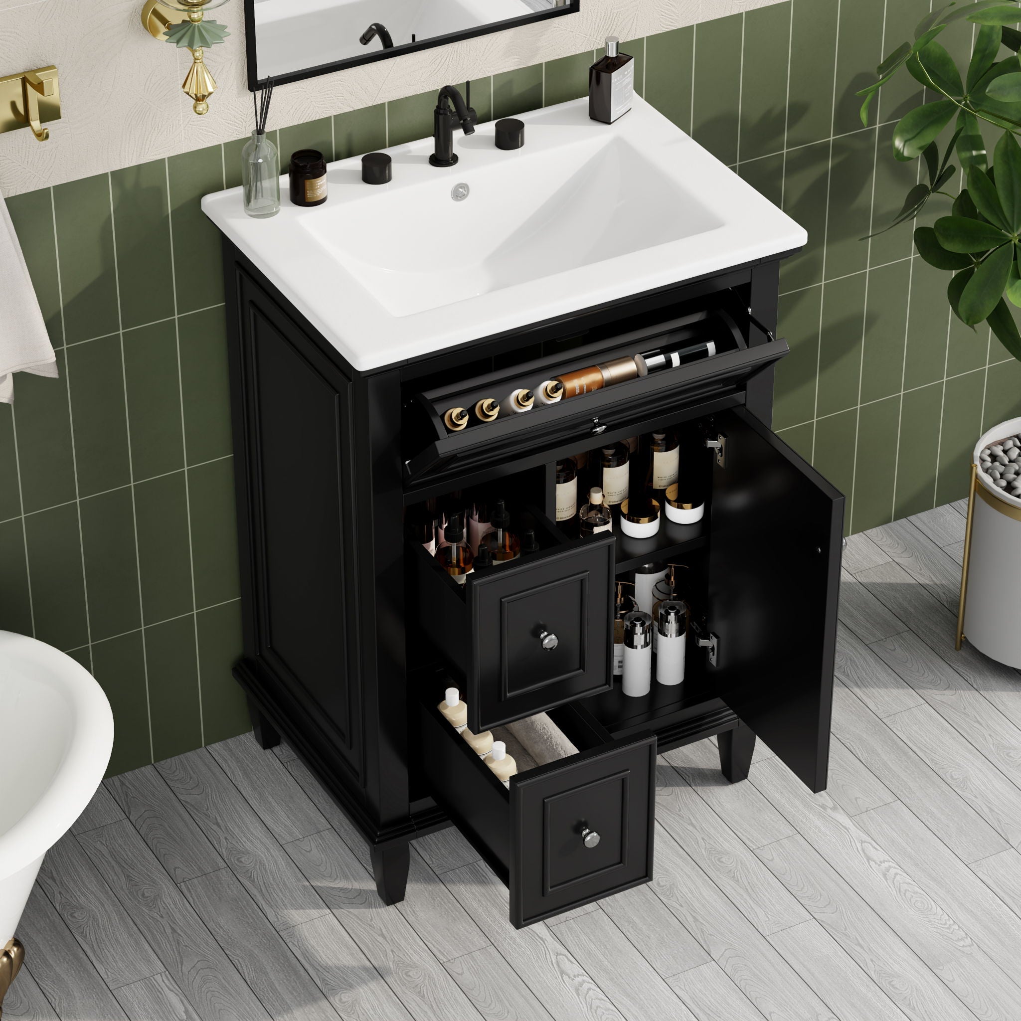 24" Bathroom Vanity With Sink, Cabinet, Adjustable Shelf, Flip Drawer & 2 Drawers - Black