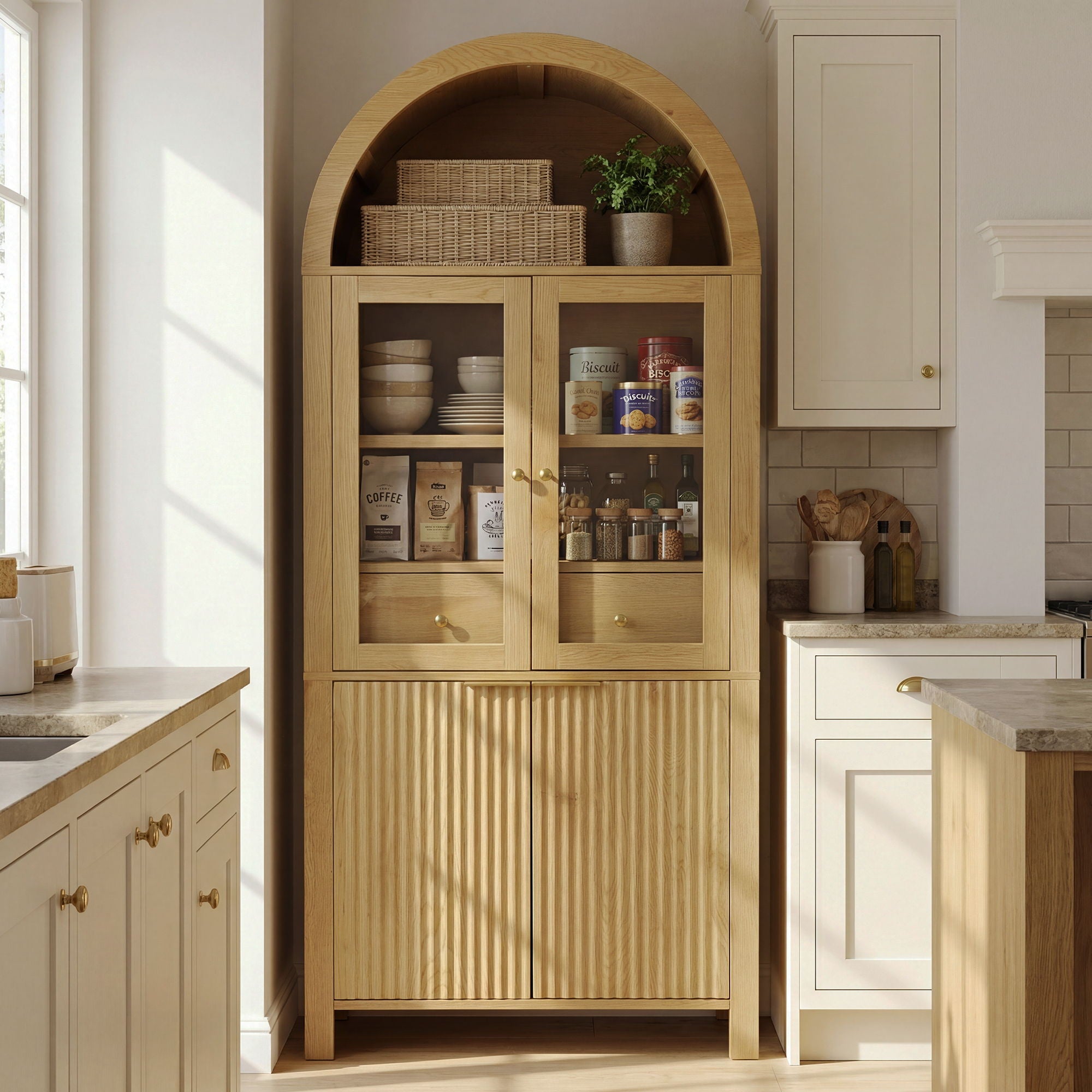 Fluted Tall Arched Pantry Cabinet With Adjustable Shelves