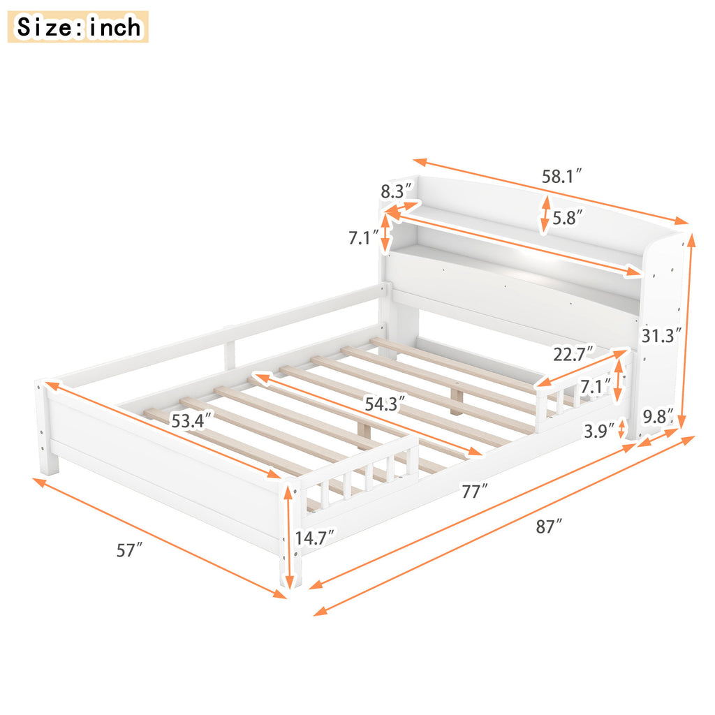 Wood Platform Bed With Built In LED Light, Storage Headboard And Guardrail