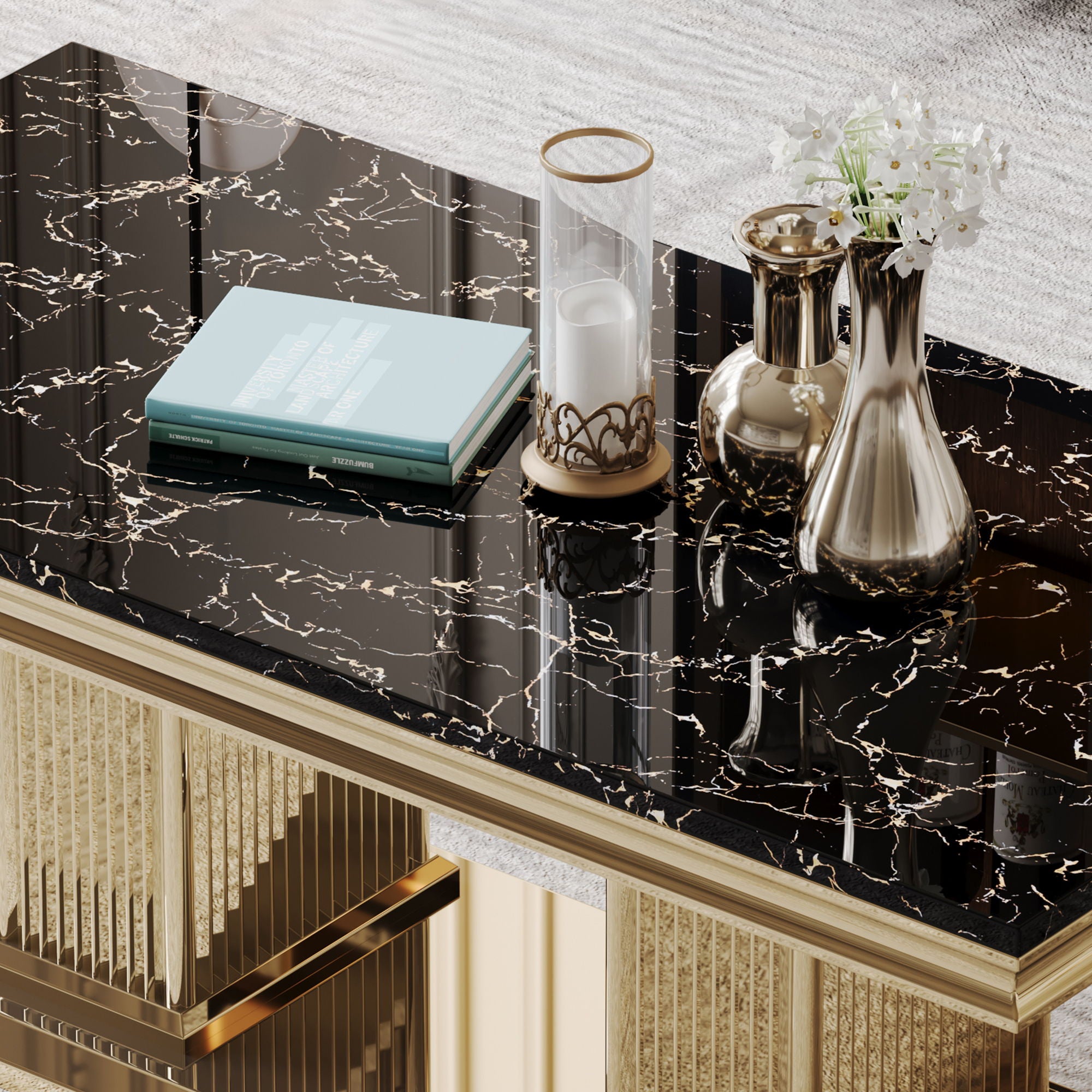 Marble Printed Top Rectangular Table, Stainless Steel Base With Mirrored Finish
