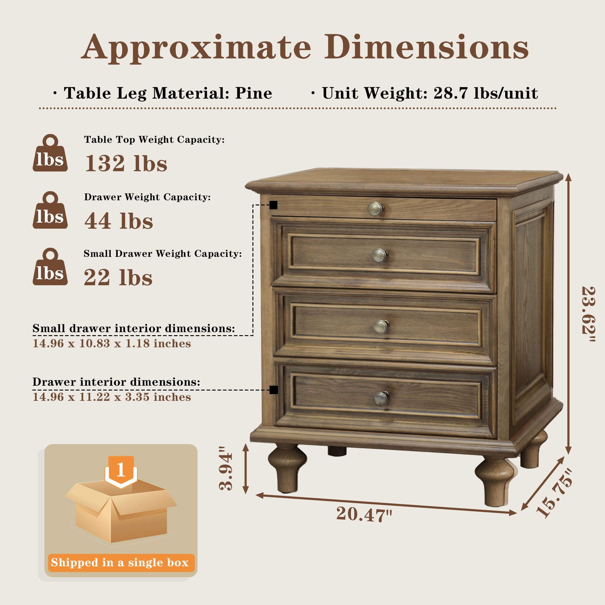 Nightstand With 4 Drawers With Hidden Pull Out Shelf - Light Brown