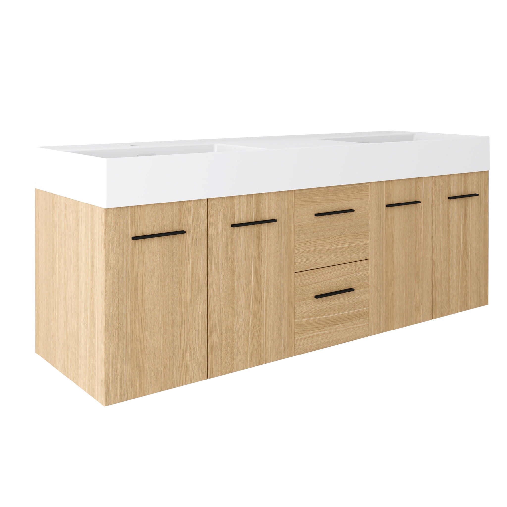 Floating Double Sink Bathroom Vanity With Drawers And Doors, Extra Large Storage, Integrated Sink, Soft Close Hardware - Glossy White / Light Oak