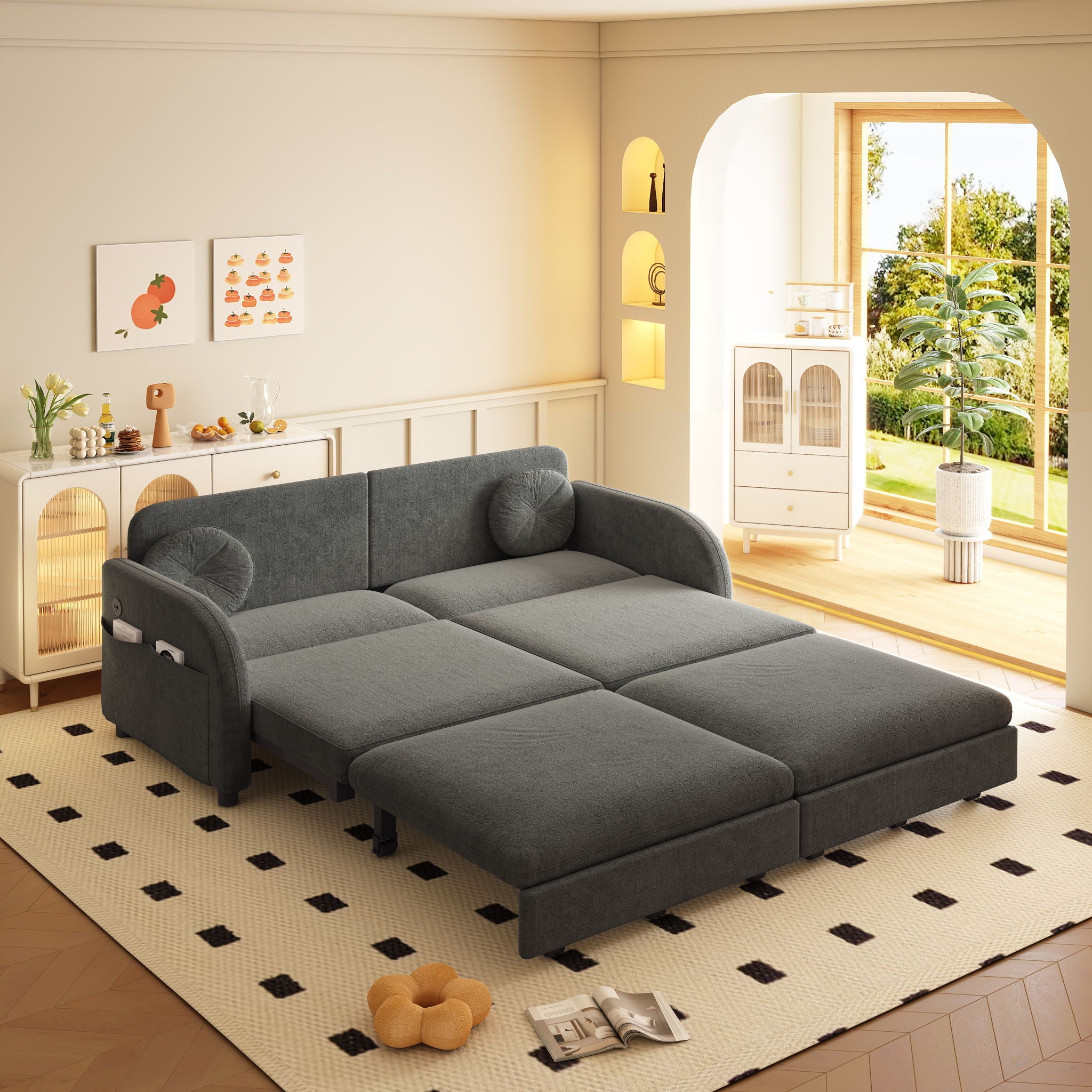 Upholstered Pull Out Couch With Side Pocket & USB Port