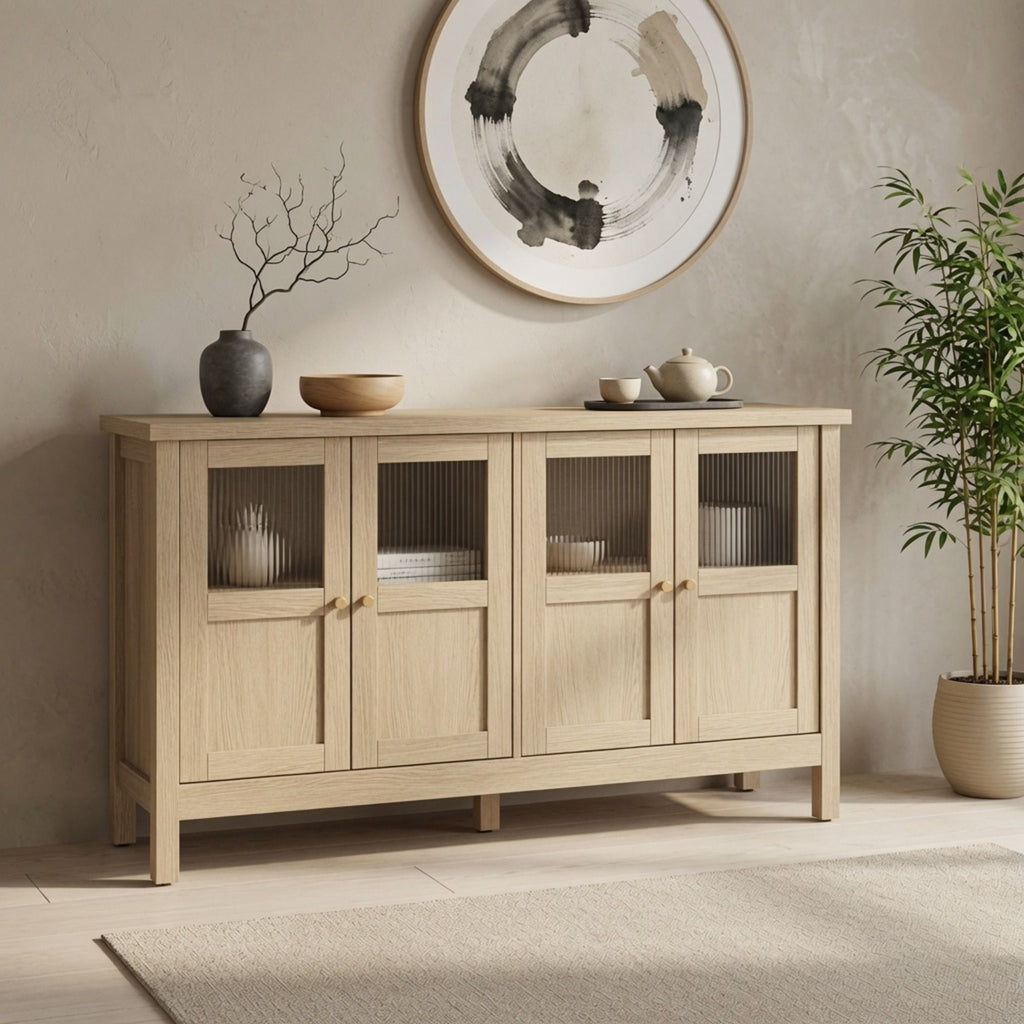 Buffet Cabinet With 4 Doors, Adjustable Shelves Handles - Natural