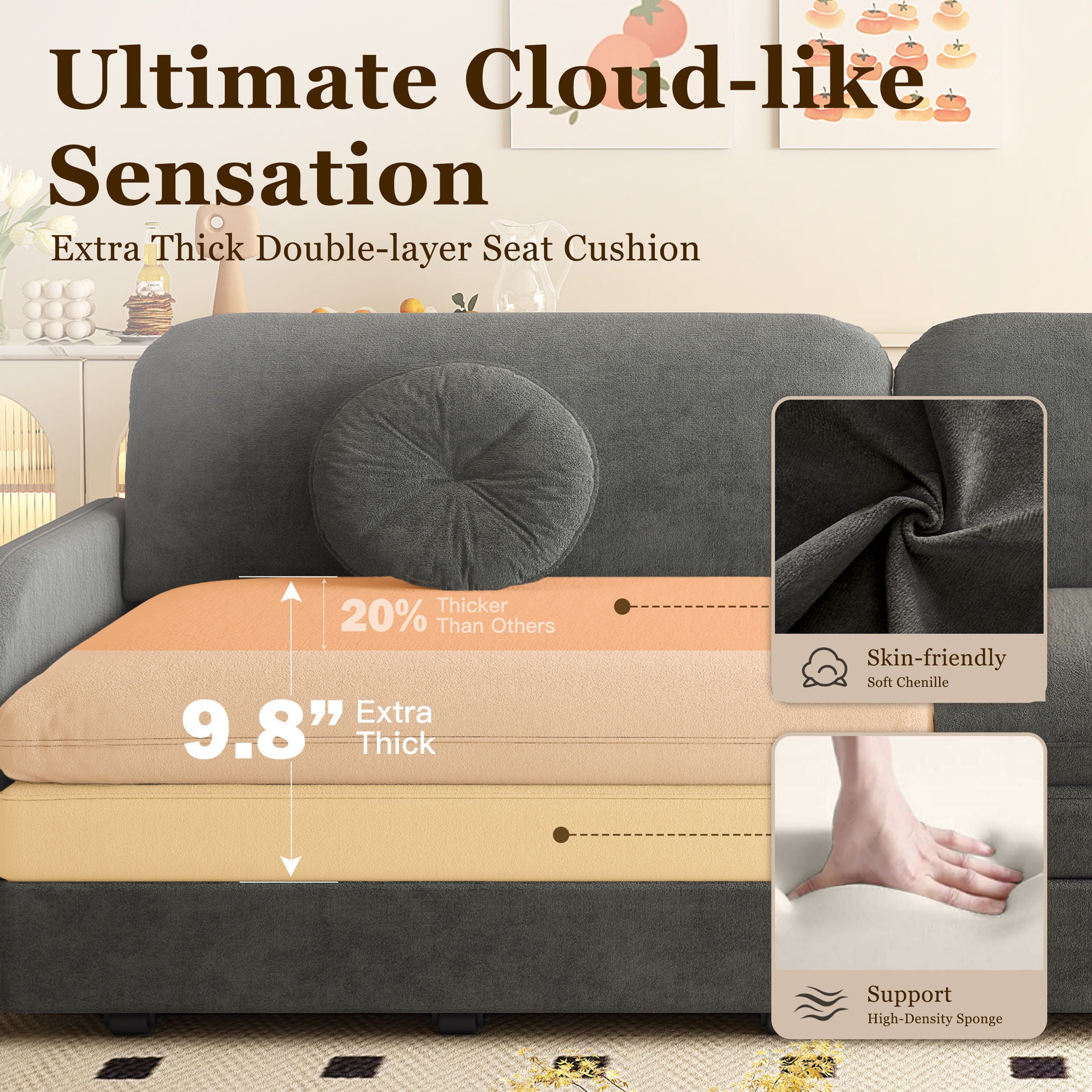 Upholstered Pull Out Couch With Side Pocket & USB Port