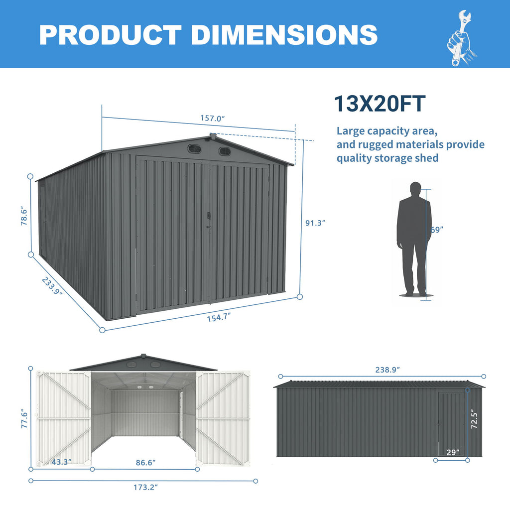 Outdoor Storage Shed, Metal Garden Shed Backyard Utility Tool House Building With 2 Doors And 4 Vents For Car, Truck, Bike, Garbage Can, Tool, Lawnmower