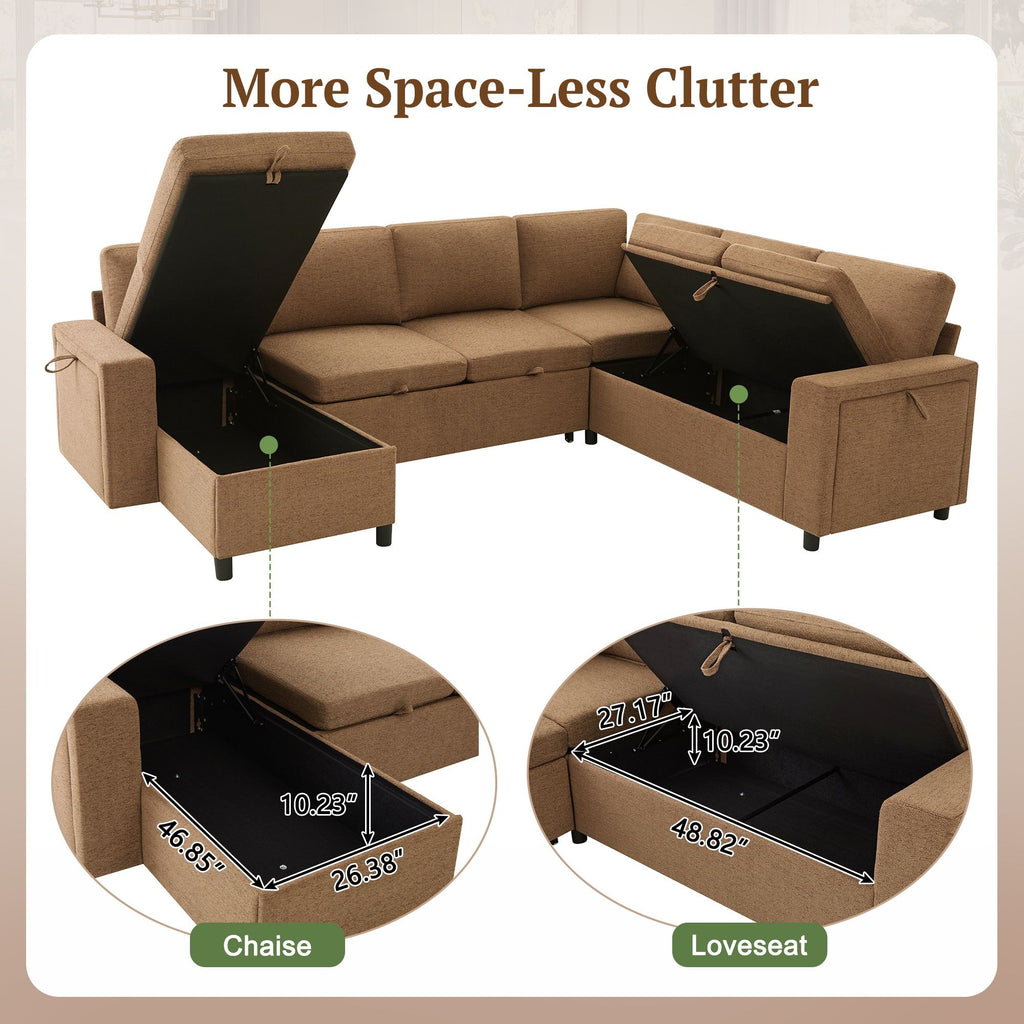 U - Shaped Convertible Sectional Sofa Bed With Storage, USB Charger & Cup Holders