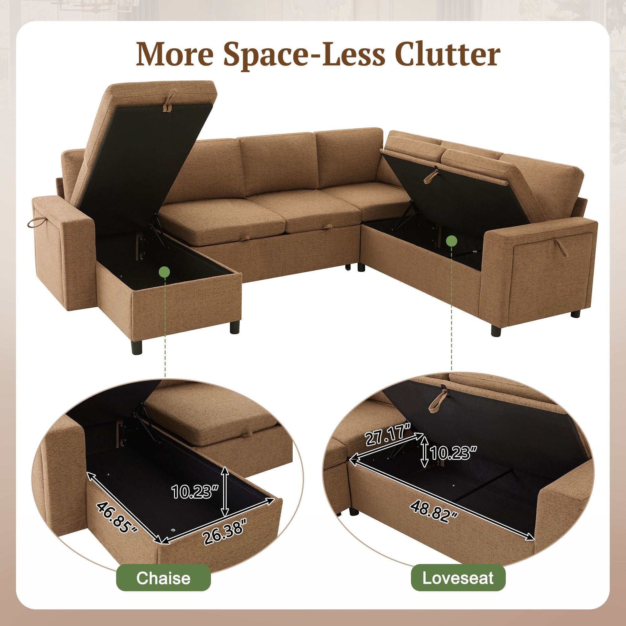 U - Shaped Convertible Sectional Sofa Bed With Storage, USB Charger & Cup Holders