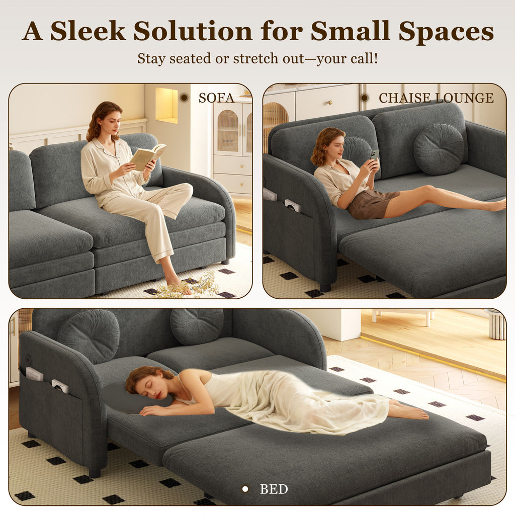 Upholstered Pull Out Couch With Side Pocket & USB Port