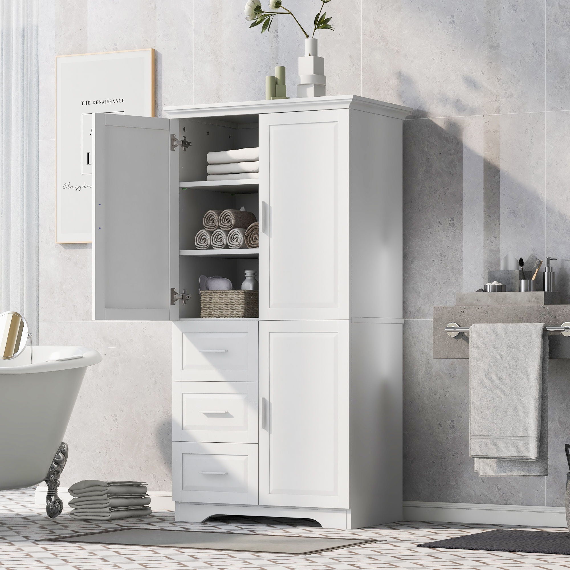 Tall Wide Storage Cabinet With Doors, 3 Drawers