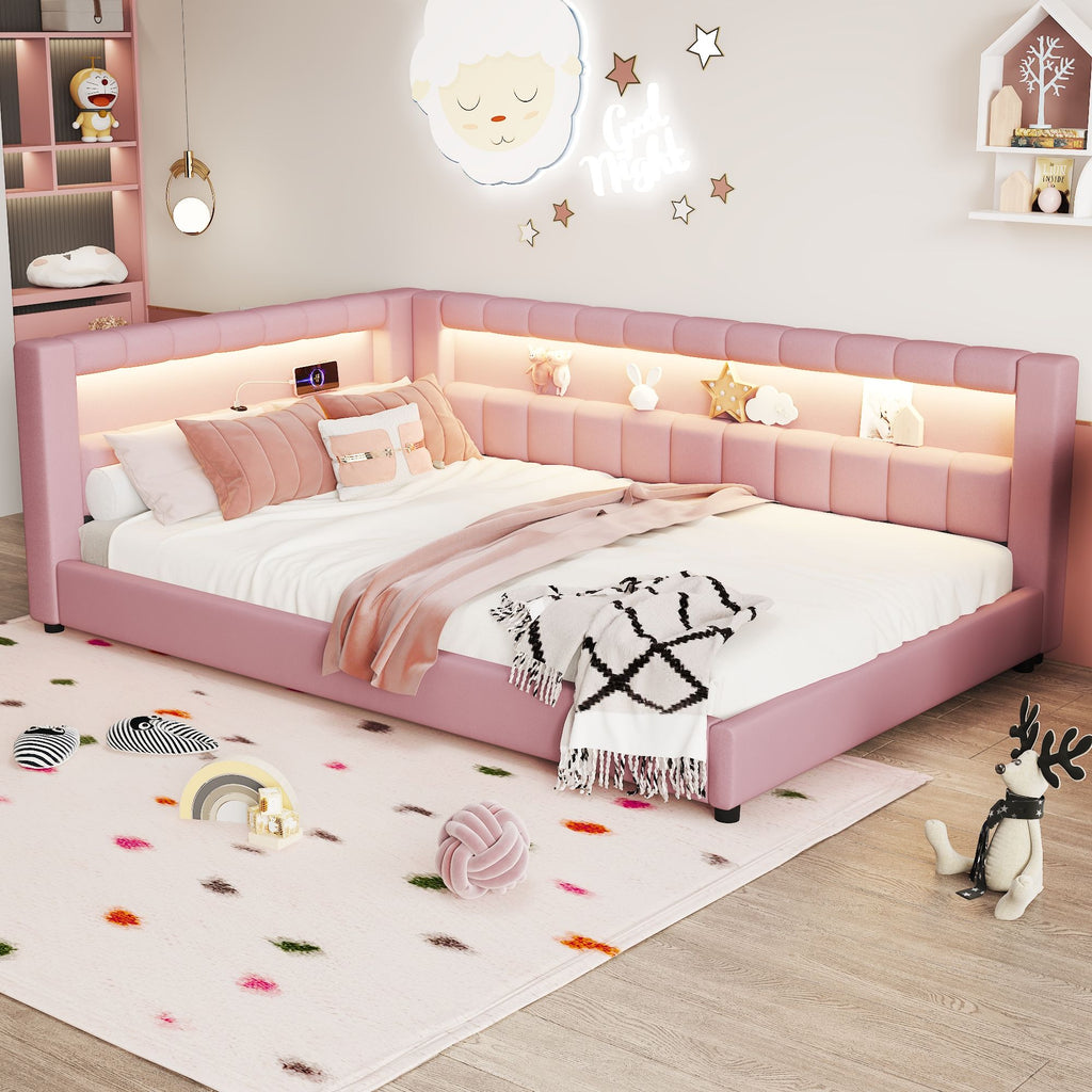 Upholstered Platform Bed With LED Belt And USB Ports