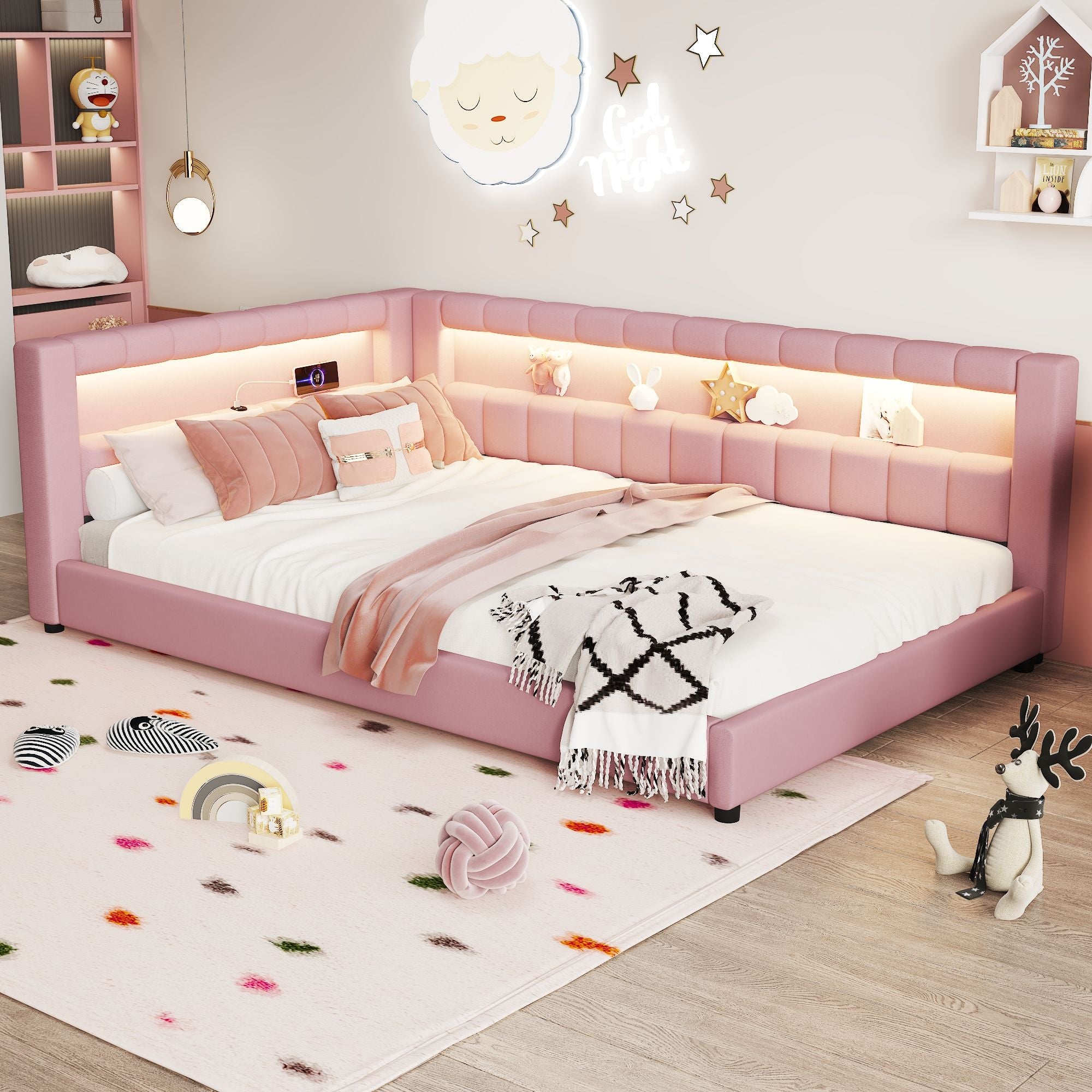 Upholstered Platform Bed With LED Belt And USB Ports