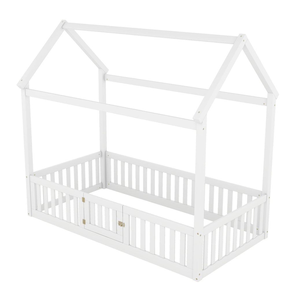 Wood House Bed With Fence And Door