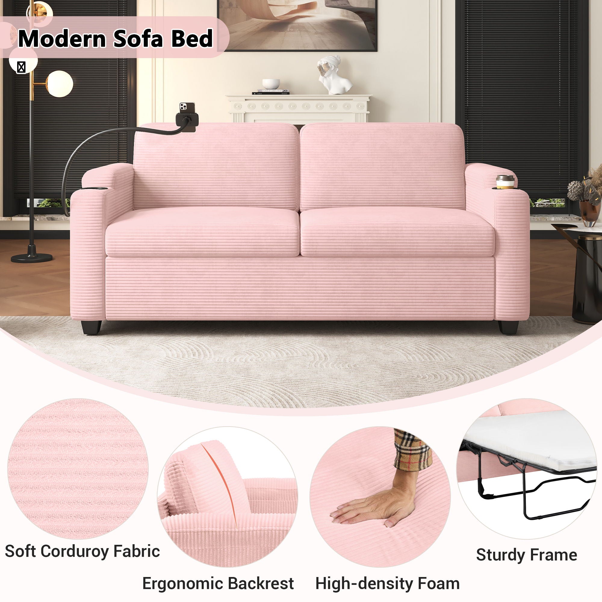 Sleeper Sofa Loveseat Sofa With Full Size Mattress, 2 USB Ports, 2 Cup Holders, 2 Side Pockets And Phone Holder