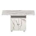 Versatile Marble Folding Dining Table With Storage Rack And Cabinet, 6 Wheels - White