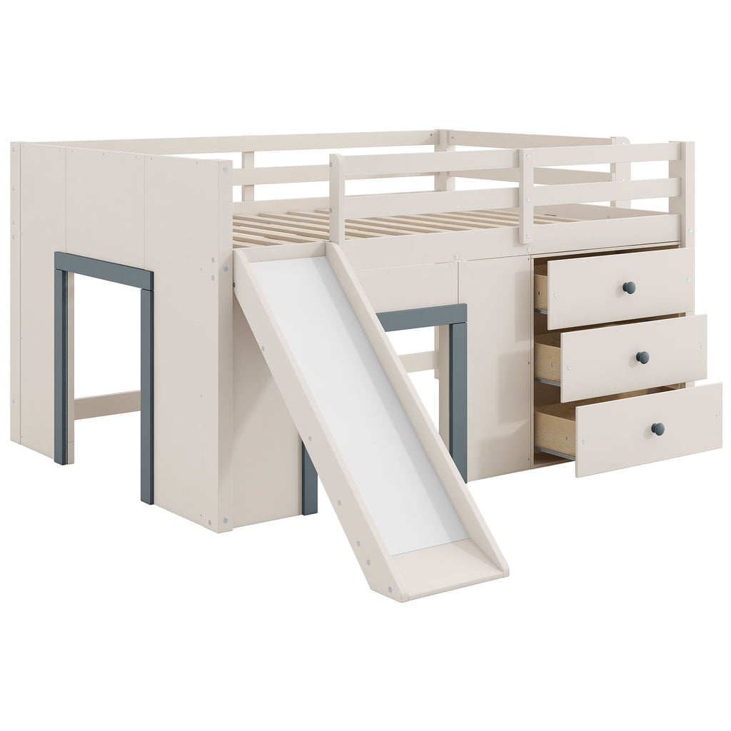 Modern Low Loft Bed With Slide, 3 Storage Drawers, And 2 Doors