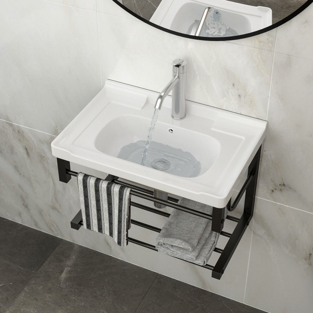 Wall Mounted Rectangular Bathroom Sink With Towel Bar & Overflow - White