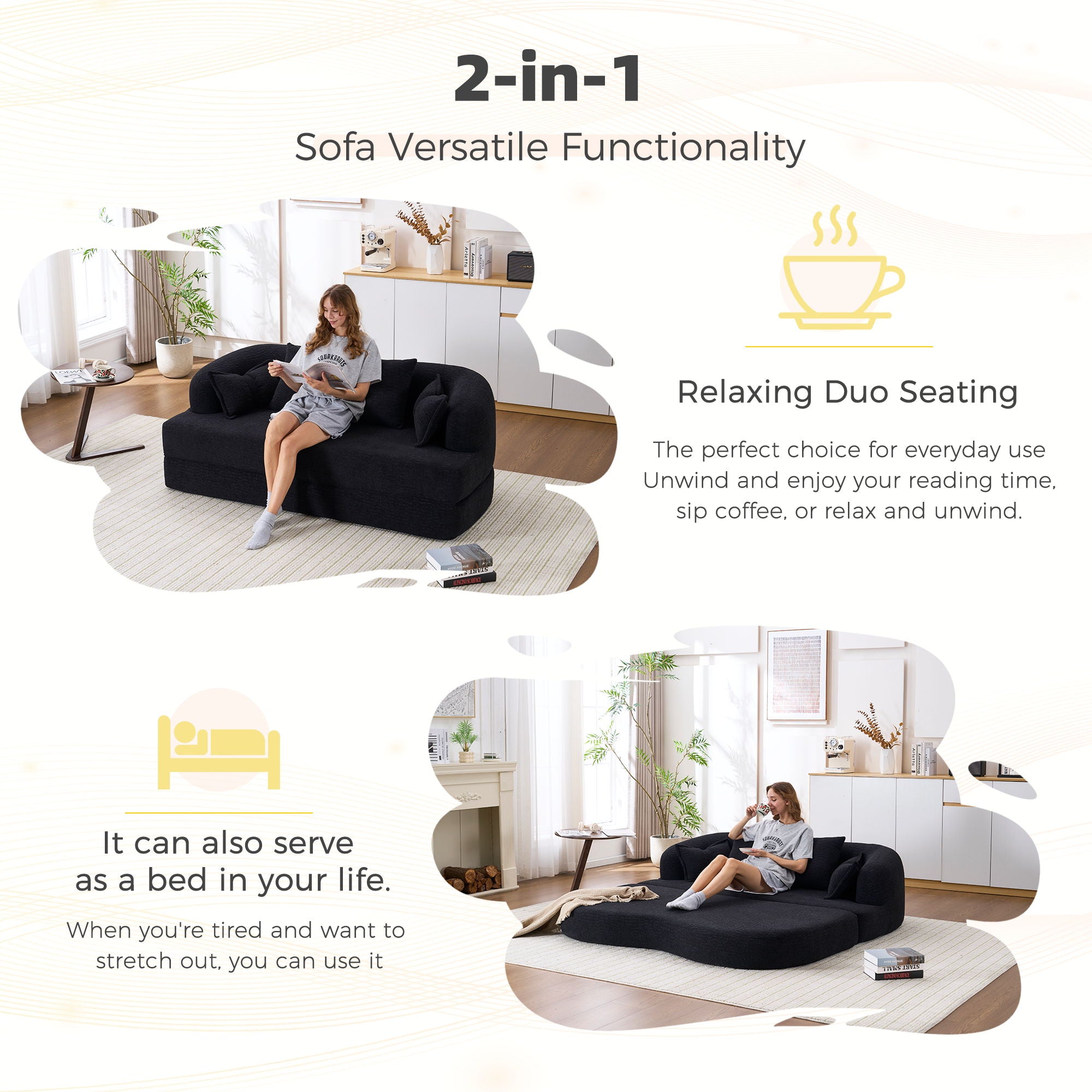 Foldable Sofa Bed, Boneless Couch Convertible Sleeper With 4 Pillows