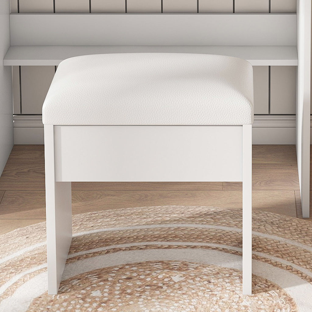 Vanity Table With Mirror, Adjustable LED Lights, Power Outlet, Hairdryer Holder & Stool