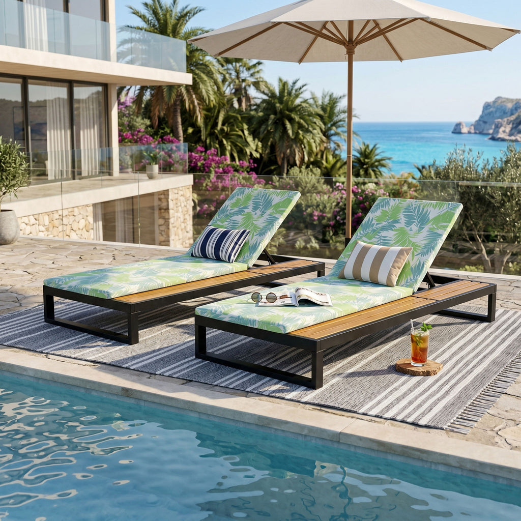 Chaise Lounge Set, 5 Position Adjustable, Flat Side Surface Storage