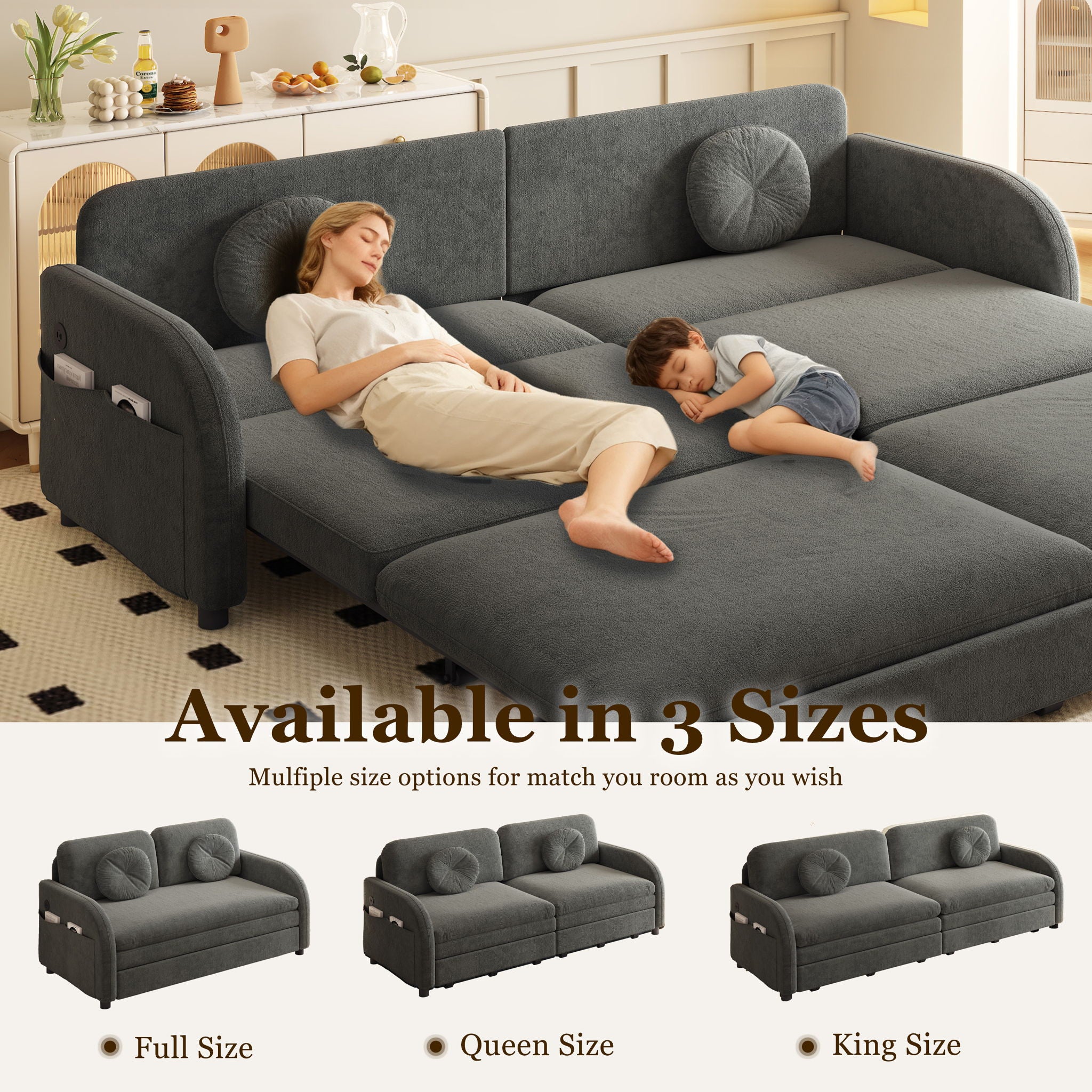 Upholstered Pull Out Couch With Side Pocket & USB Port