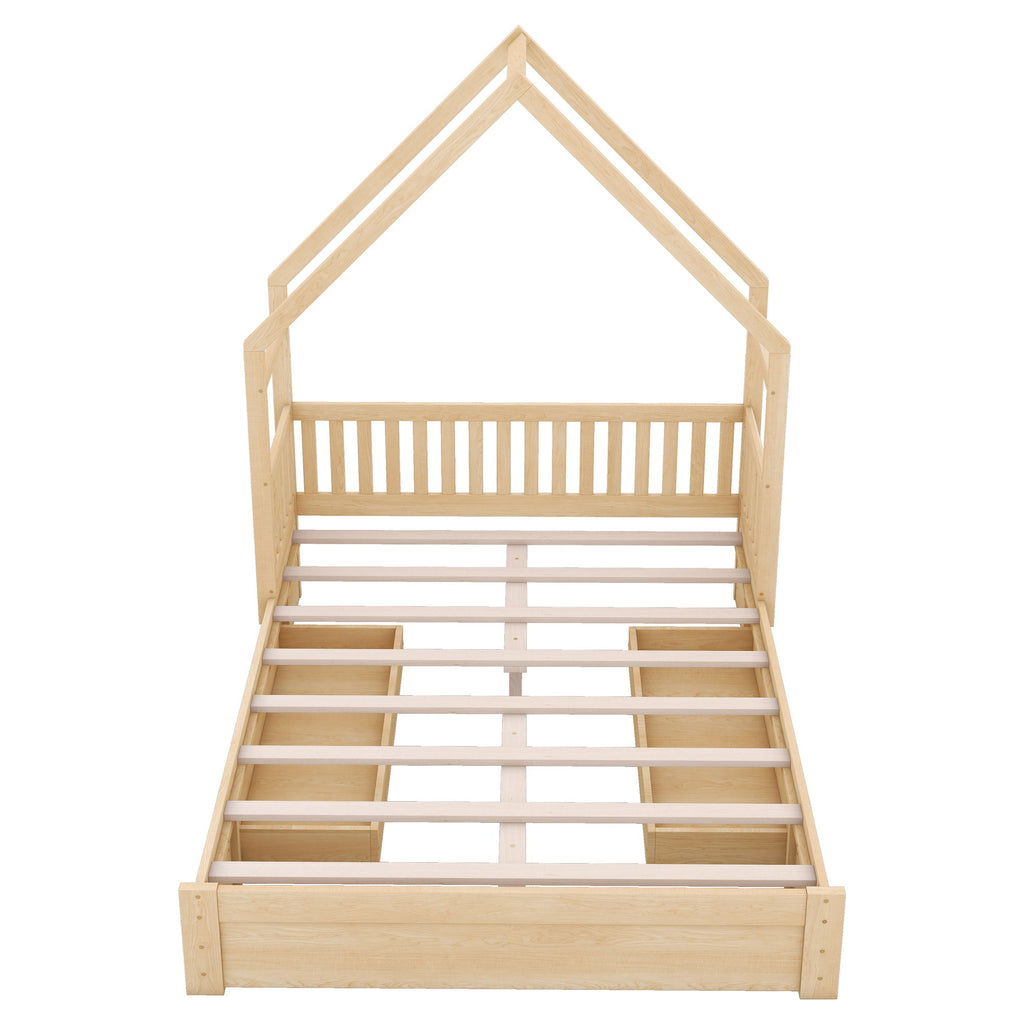 House Style Platform Bed With Guardrail And 2 Drawers